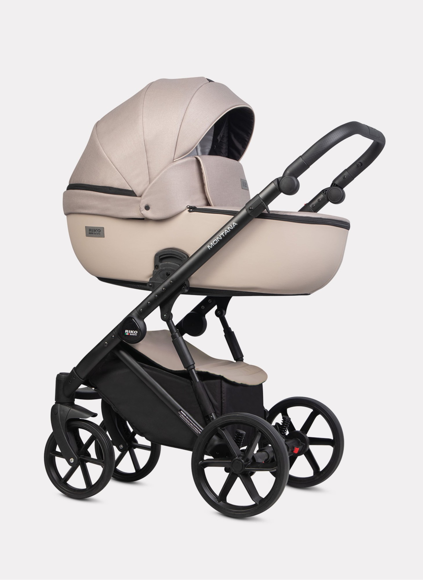 Детская коляска 2 в 1 Riko Basic Montana Plus | Реверсивный прогулочный блок | Регулируемая амортизация | Передние поворачиваемые колеса из вспененной резины | Цвет - бежевый