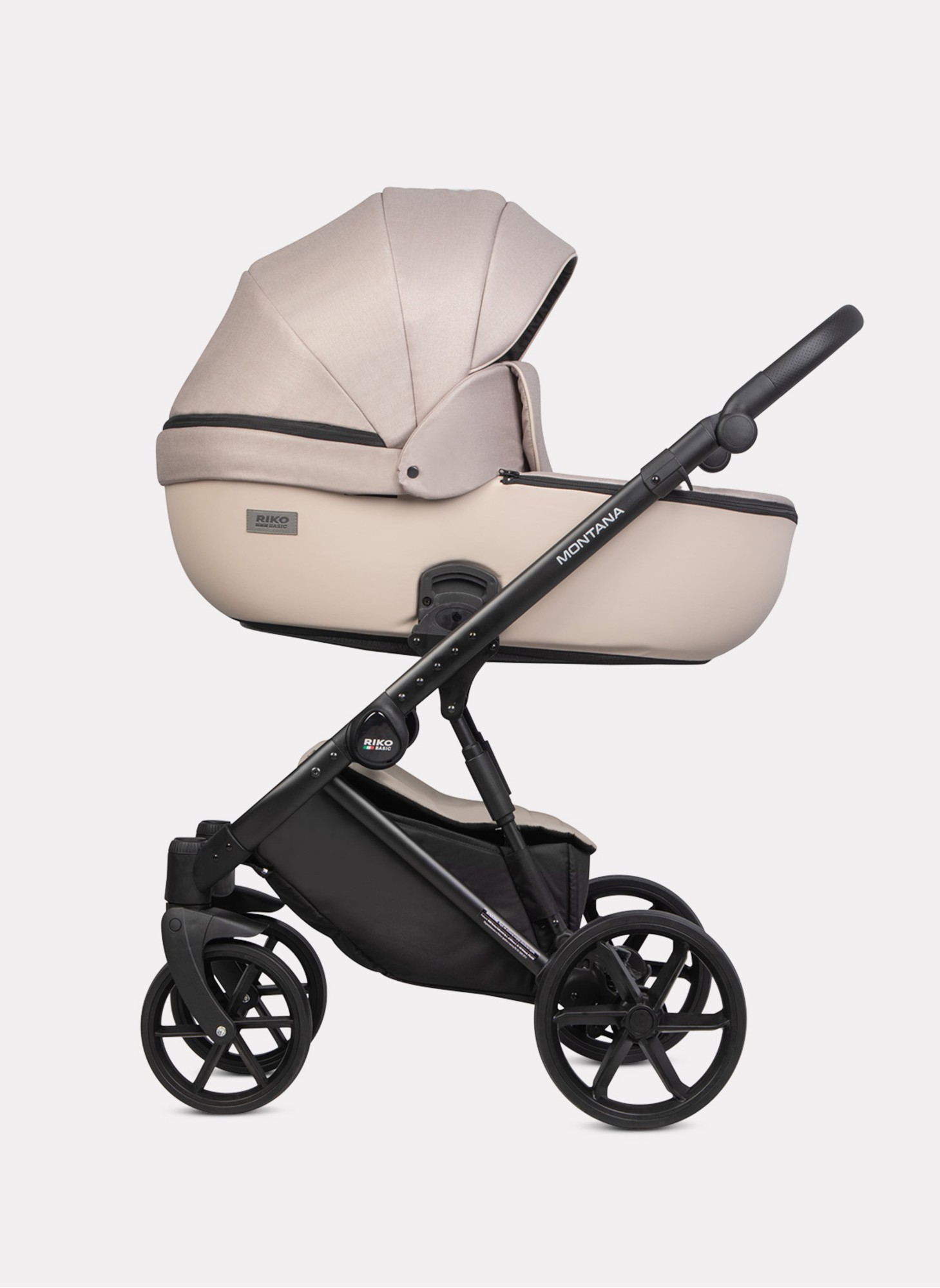 Детская коляска 2 в 1 Riko Basic Montana Plus | Реверсивный прогулочный блок | Регулируемая амортизация | Передние поворачиваемые колеса из вспененной резины | Цвет - бежевый