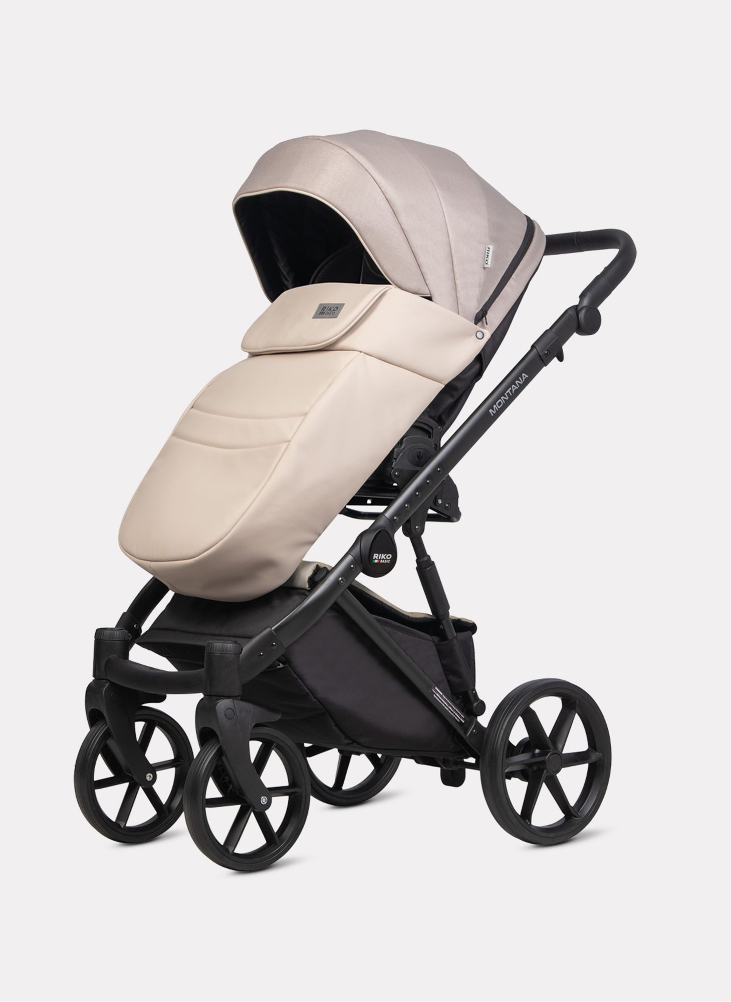Детская коляска 2 в 1 Riko Basic Montana Plus | Реверсивный прогулочный блок | Регулируемая амортизация | Передние поворачиваемые колеса из вспененной резины | Цвет - бежевый