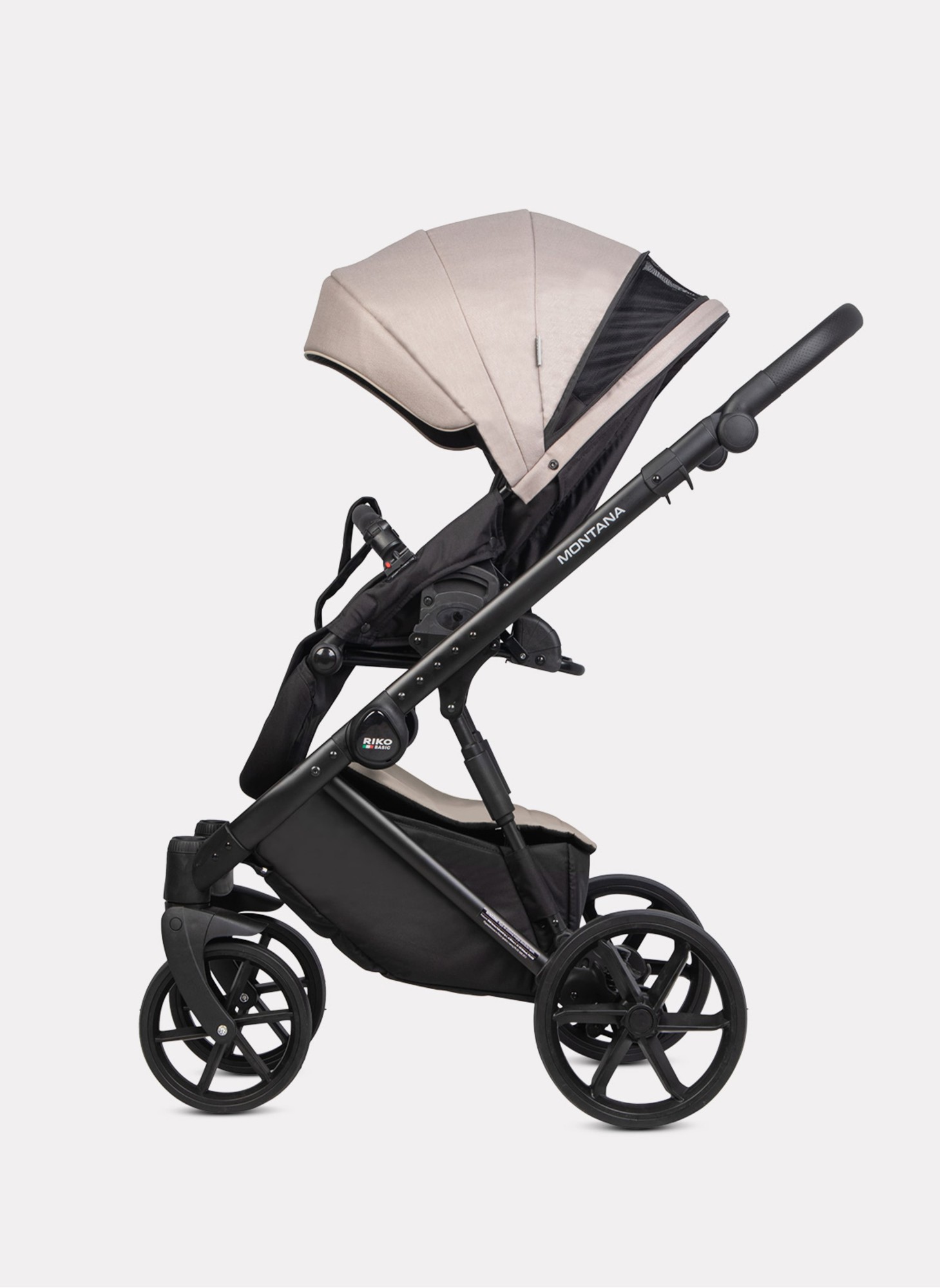 Детская коляска 2 в 1 Riko Basic Montana Plus | Реверсивный прогулочный блок | Регулируемая амортизация | Передние поворачиваемые колеса из вспененной резины | Цвет - бежевый