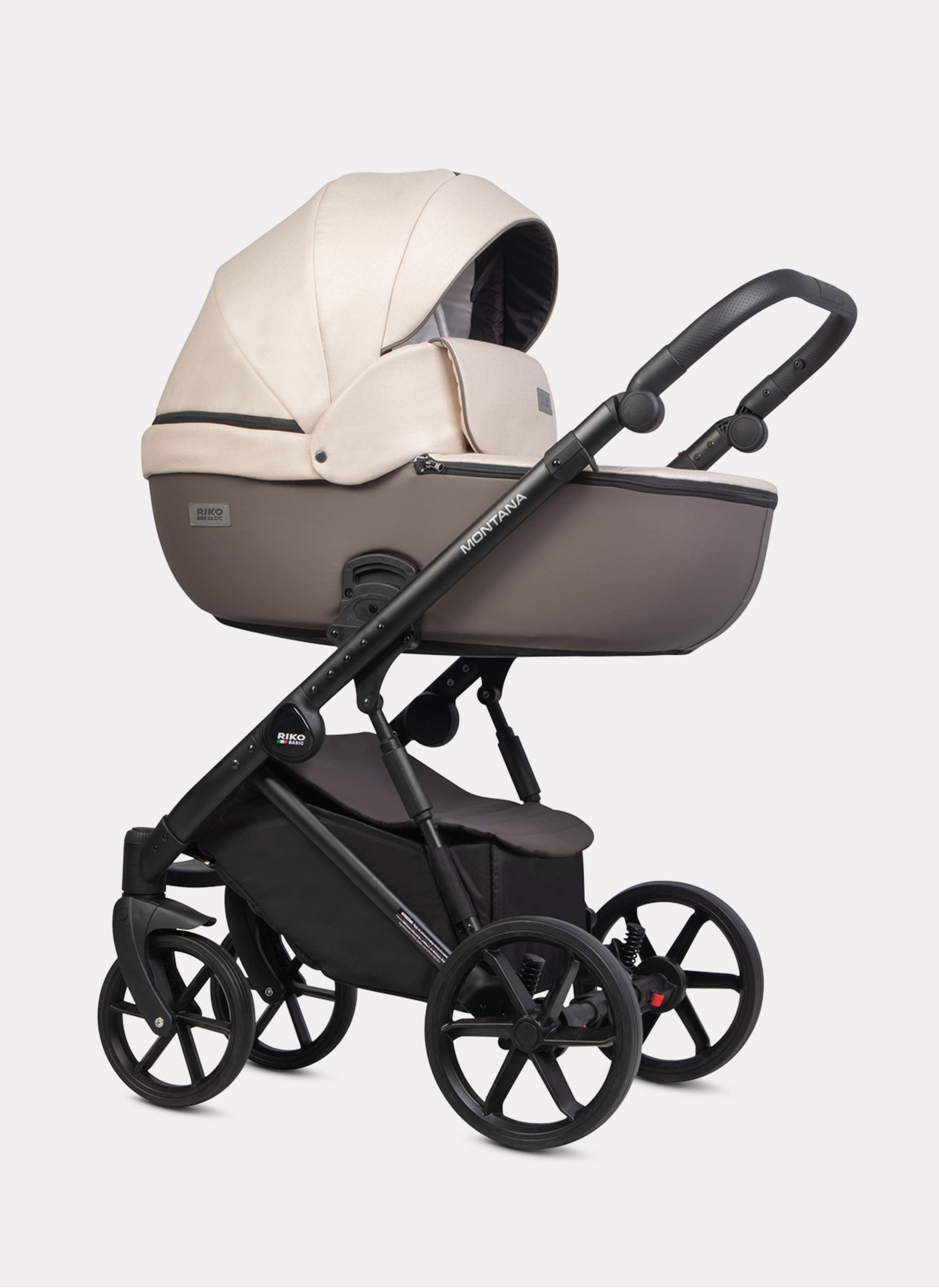 Детская коляска 2 в 1 Riko Basic Montana Plus | Реверсивный прогулочный блок | Регулируемая амортизация | Передние поворачиваемые колеса из вспененной резины | Цвет - бежевый и коричневый
