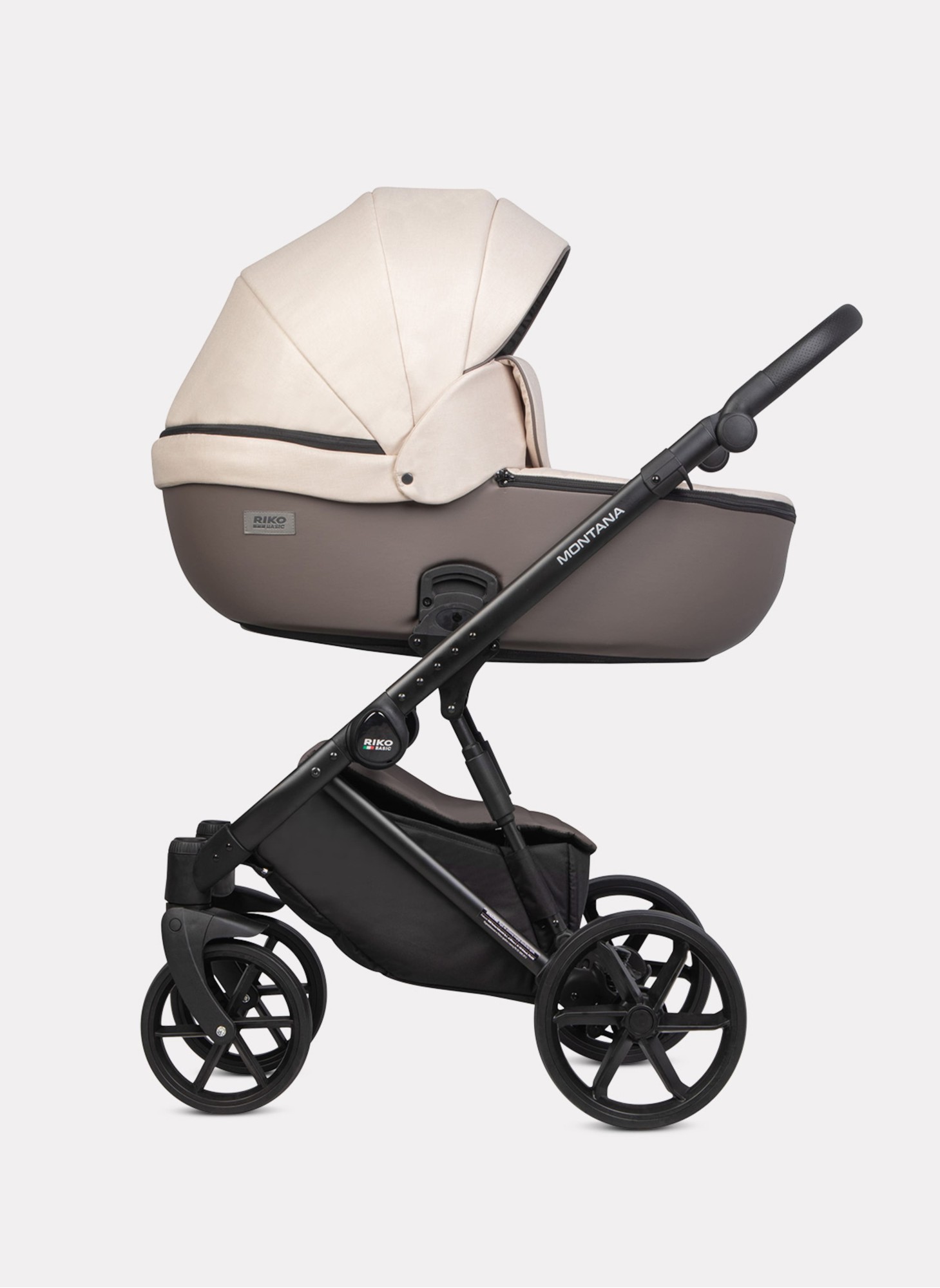 Детская коляска 2 в 1 Riko Basic Montana Plus | Реверсивный прогулочный блок | Регулируемая амортизация | Передние поворачиваемые колеса из вспененной резины | Цвет - бежевый и коричневый