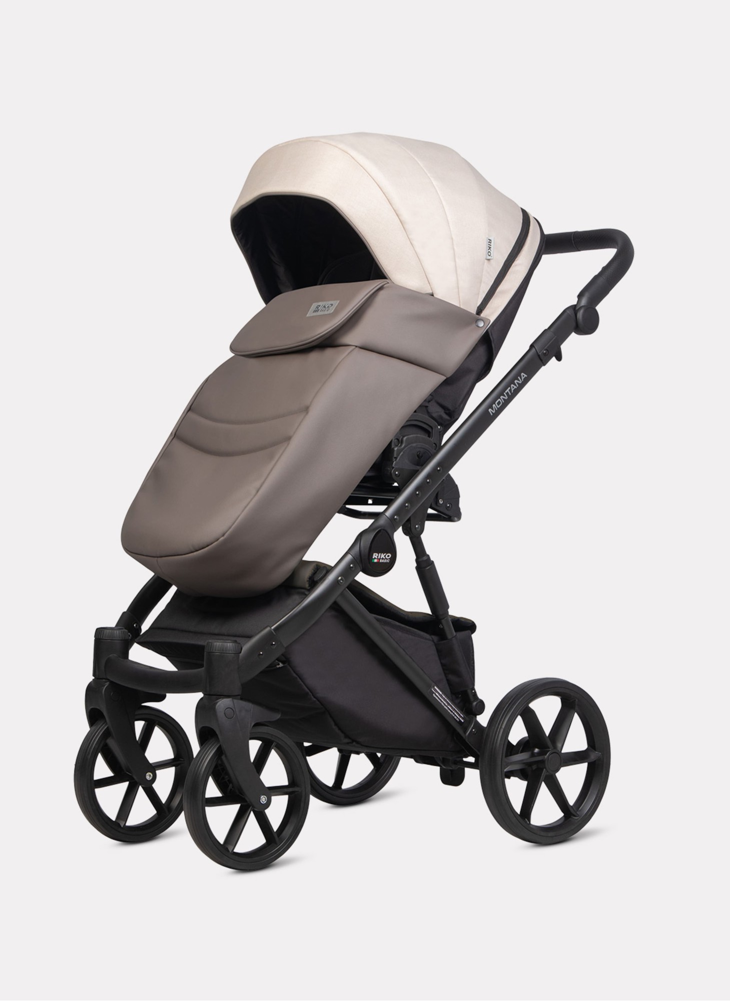 Детская коляска 2 в 1 Riko Basic Montana Plus | Реверсивный прогулочный блок | Регулируемая амортизация | Передние поворачиваемые колеса из вспененной резины | Цвет - бежевый и коричневый
