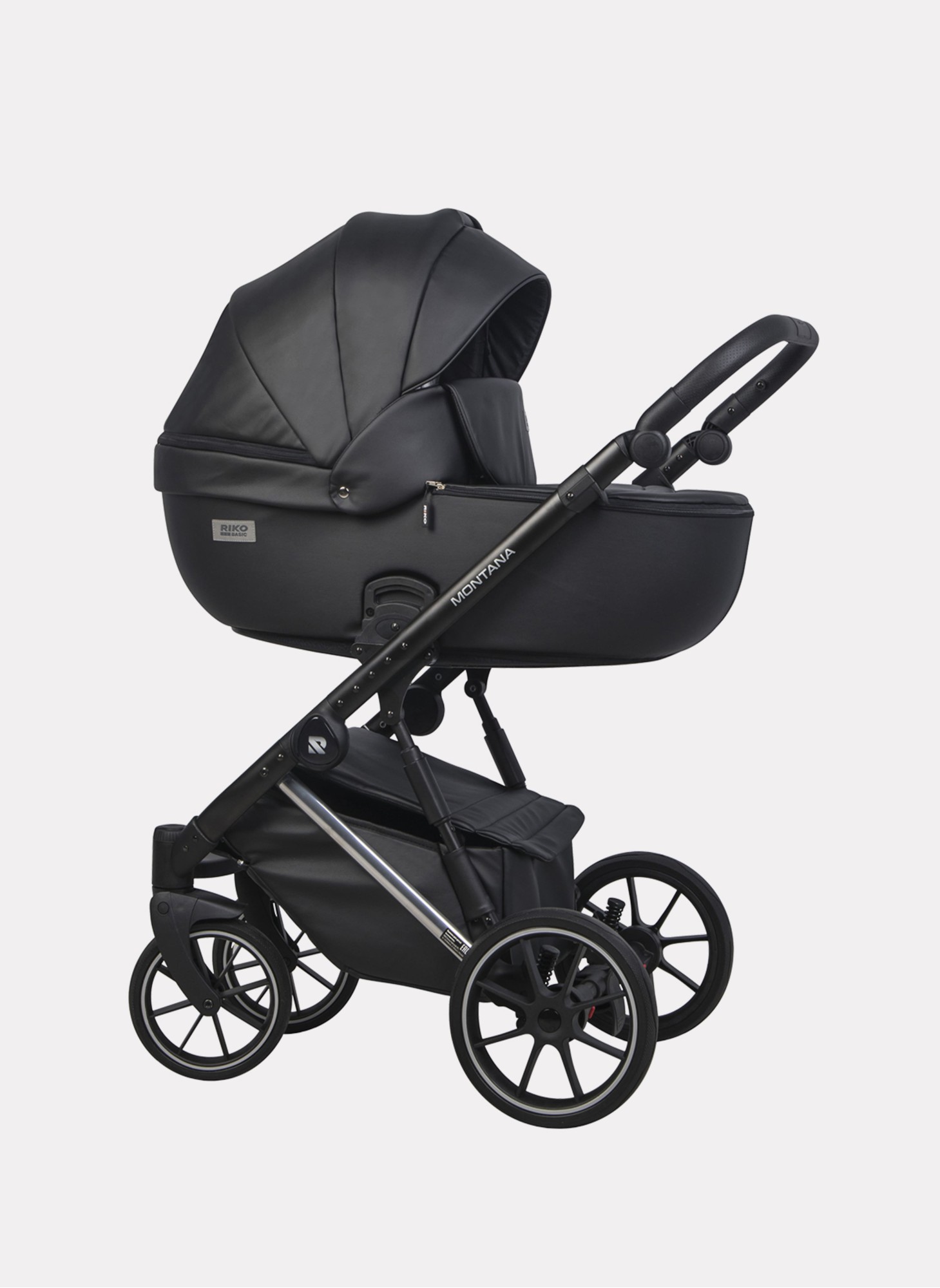 Детская коляска 2 в 1 Riko Basic Montana Premium Silver 22 из экокожи | Реверсивный прогулочный блок | Регулируемая амортизация | Передние поворачиваемые колеса из резины | Цвет - черный