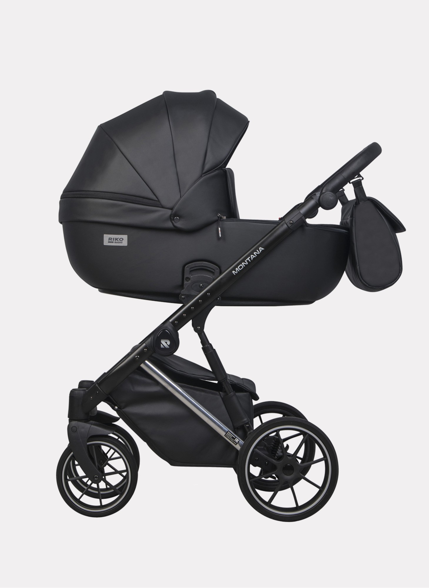 Детская коляска 2 в 1 Riko Basic Montana Premium Silver 22 из экокожи | Реверсивный прогулочный блок | Регулируемая амортизация | Передние поворачиваемые колеса из резины | Цвет - черный