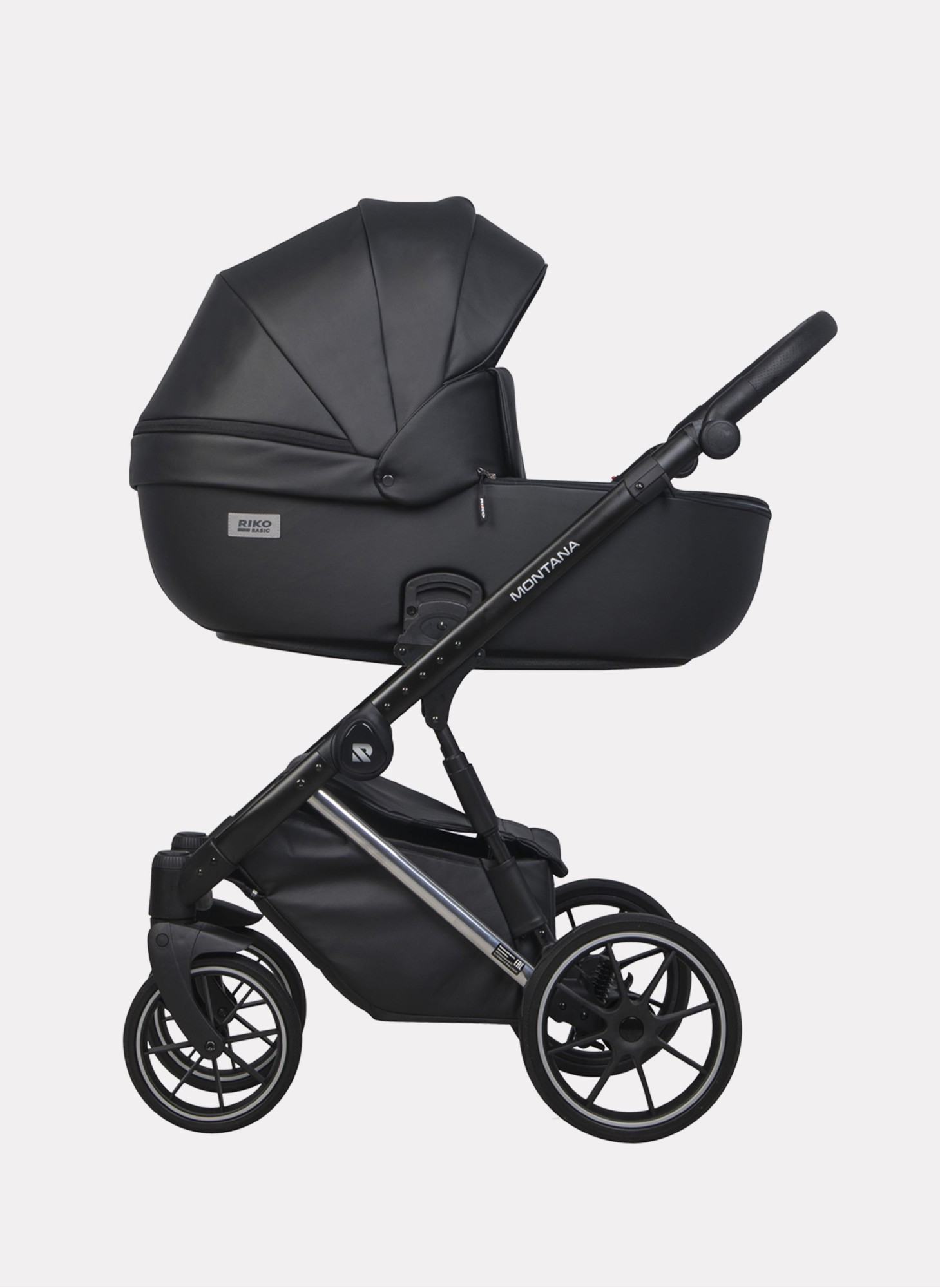 Детская коляска 2 в 1 Riko Basic Montana Premium Silver 22 из экокожи | Реверсивный прогулочный блок | Регулируемая амортизация | Передние поворачиваемые колеса из резины | Цвет - черный
