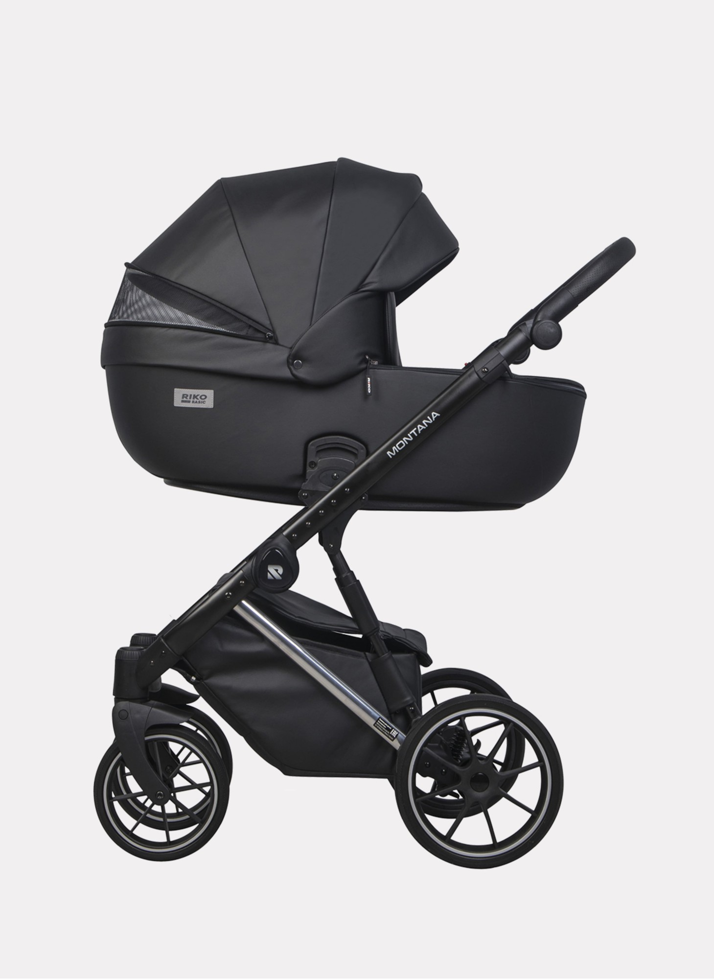 Детская коляска 2 в 1 Riko Basic Montana Premium Silver 22 из экокожи | Реверсивный прогулочный блок | Регулируемая амортизация | Передние поворачиваемые колеса из резины | Цвет - черный