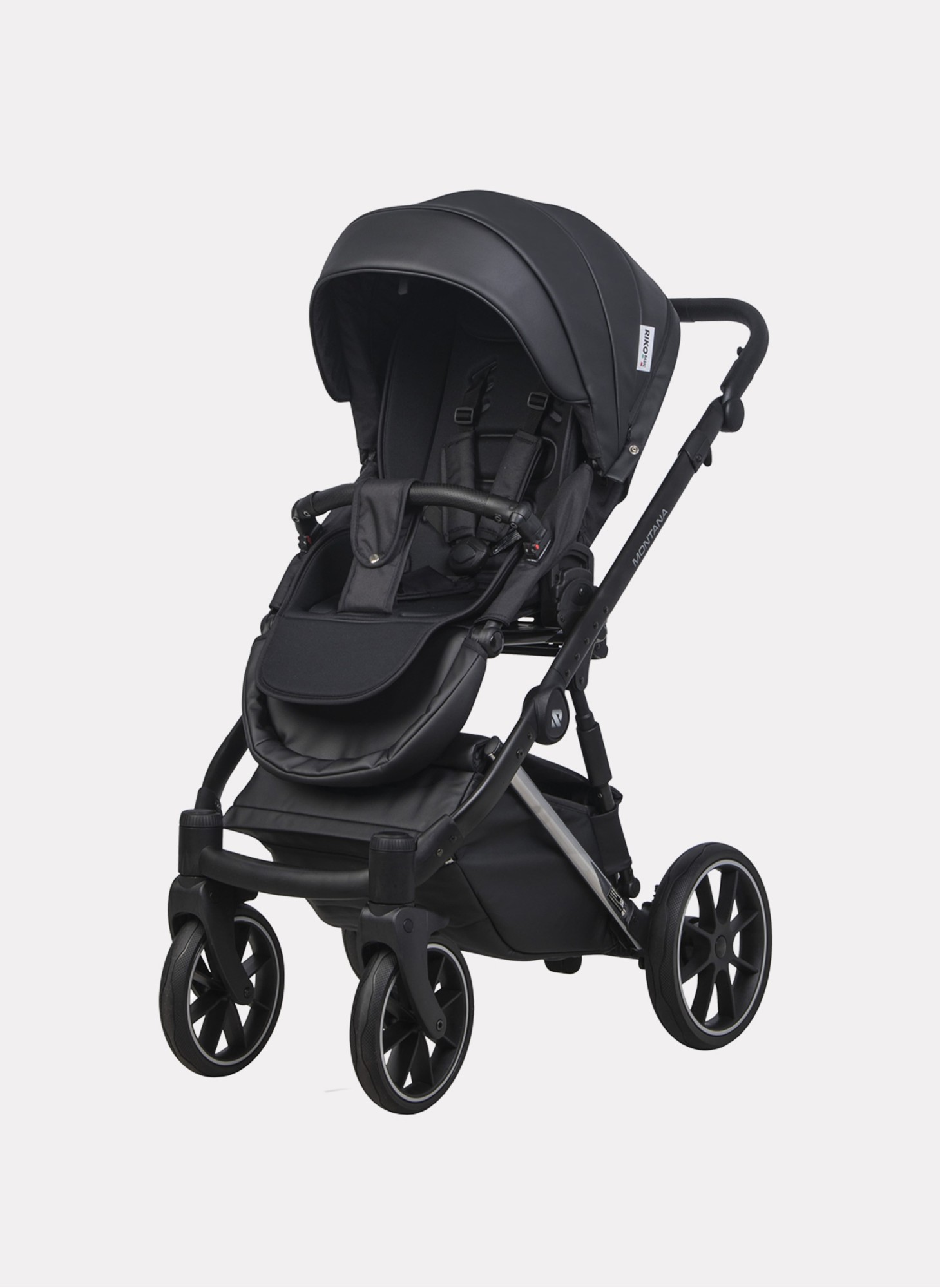 Детская коляска 2 в 1 Riko Basic Montana Premium Silver 22 из экокожи | Реверсивный прогулочный блок | Регулируемая амортизация | Передние поворачиваемые колеса из резины | Цвет - черный