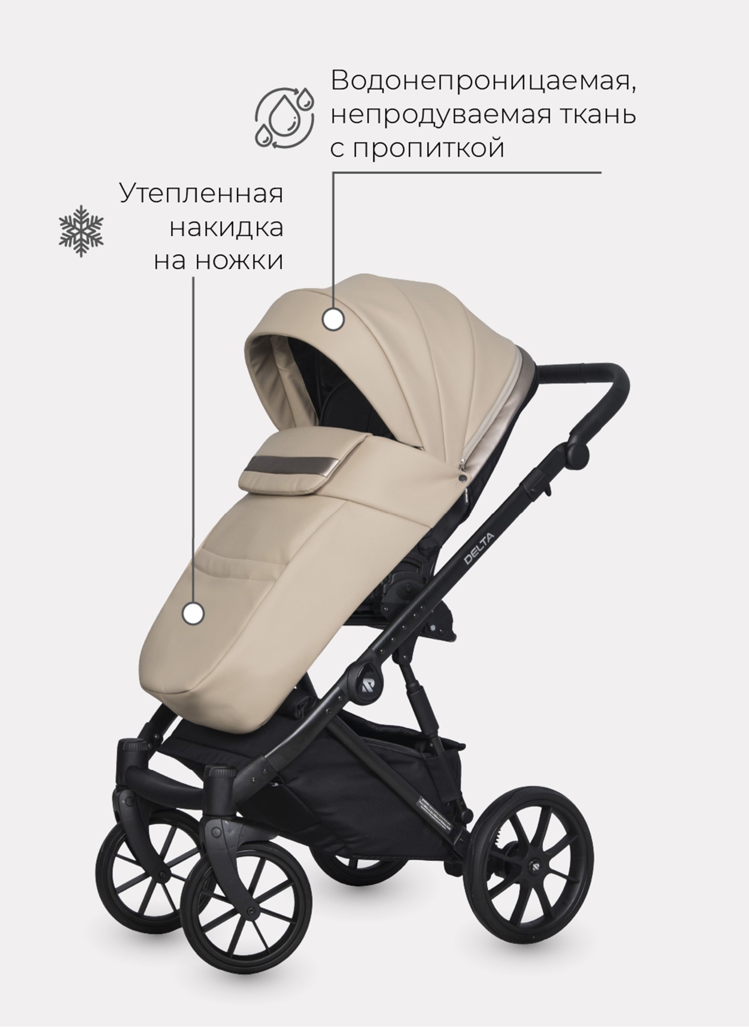 Детская коляска 2 в 1 Riko Basic Delta Ecco из экокожи, с поворотными передними колесами | Реверсивный прогулочный блок | Колеса из вспененной резины | Цвет - бежевый