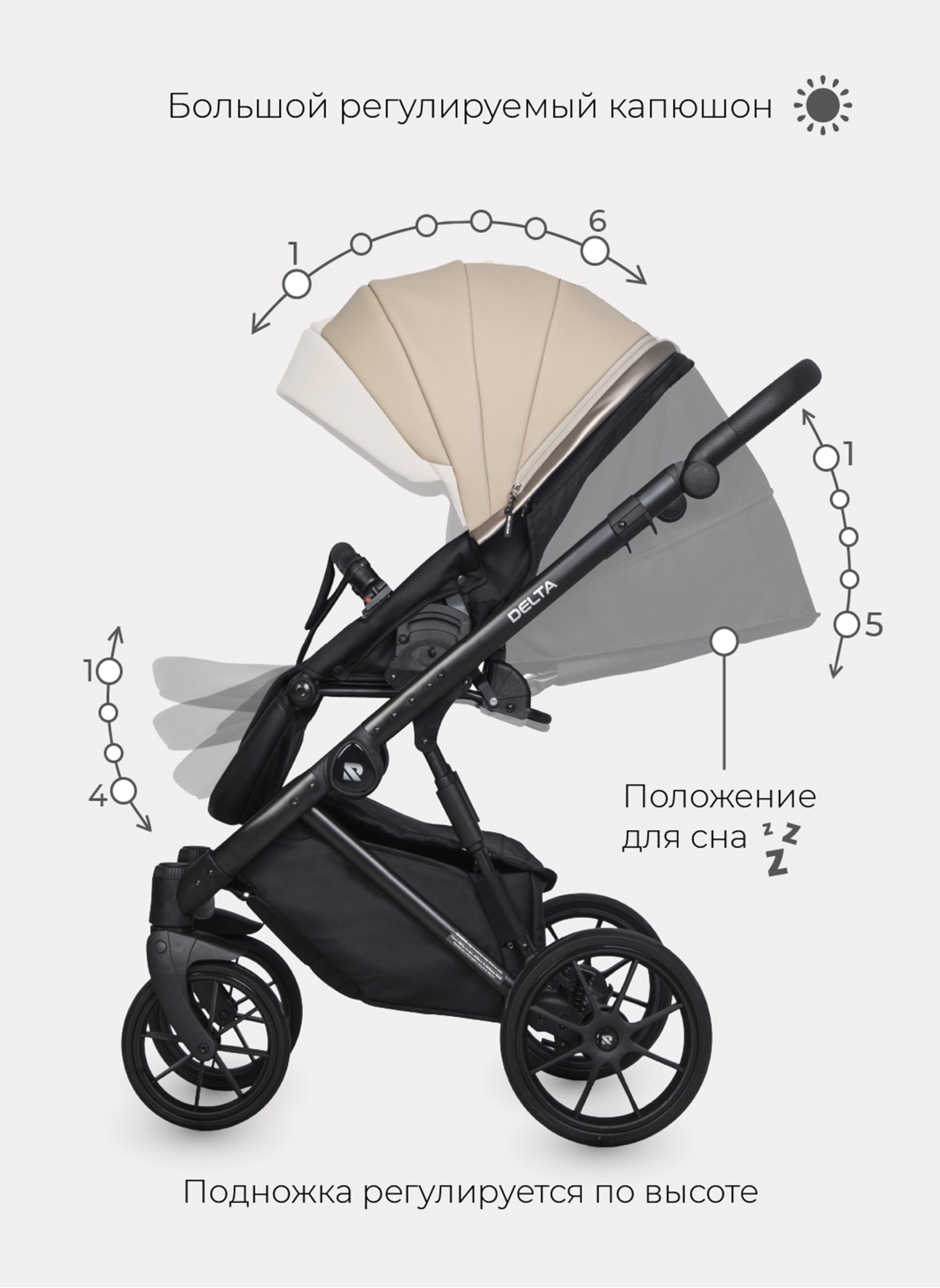Детская коляска 2 в 1 Riko Basic Delta Ecco из экокожи, с поворотными передними колесами | Реверсивный прогулочный блок | Колеса из вспененной резины | Цвет - бежевый