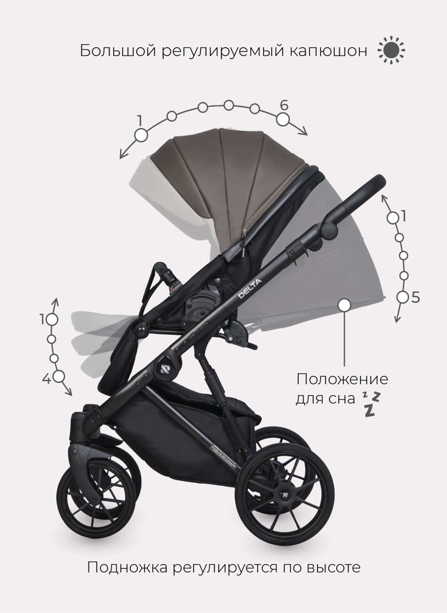 Детская коляска 2 в 1 Riko Basic Delta Ecco из экокожи, с поворотными передними колесами | Реверсивный прогулочный блок | Колеса из вспененной резины | Цвет - коричневый