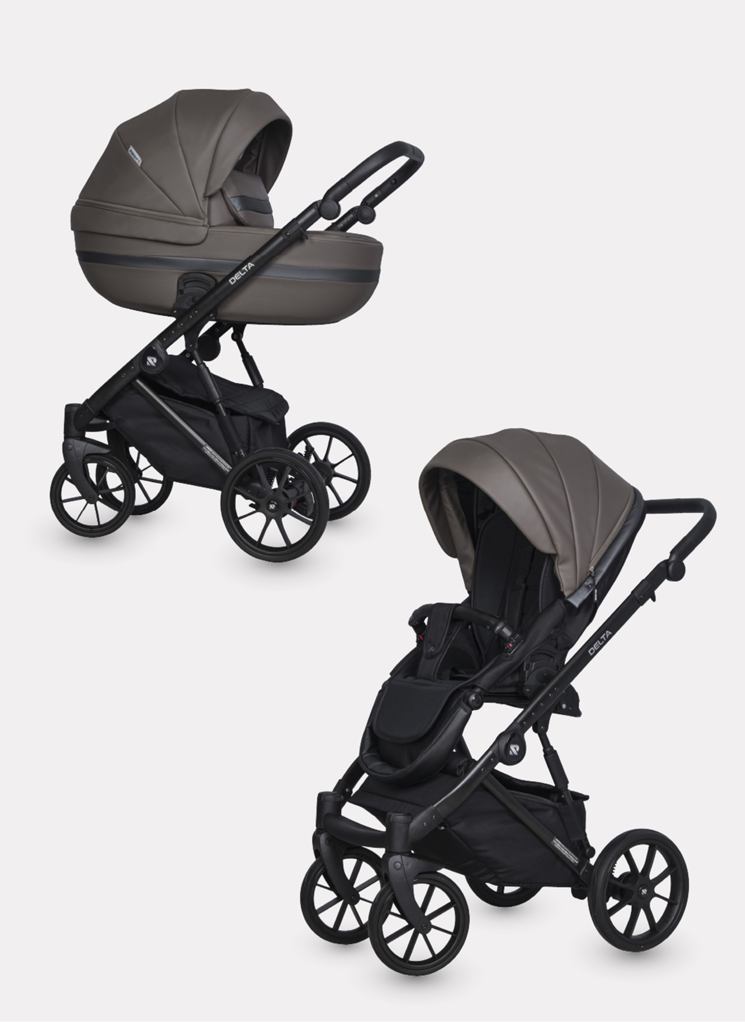 Детская коляска 2 в 1 Riko Basic Delta Ecco из экокожи, с поворотными передними колесами | Реверсивный прогулочный блок | Колеса из вспененной резины | Цвет - коричневый