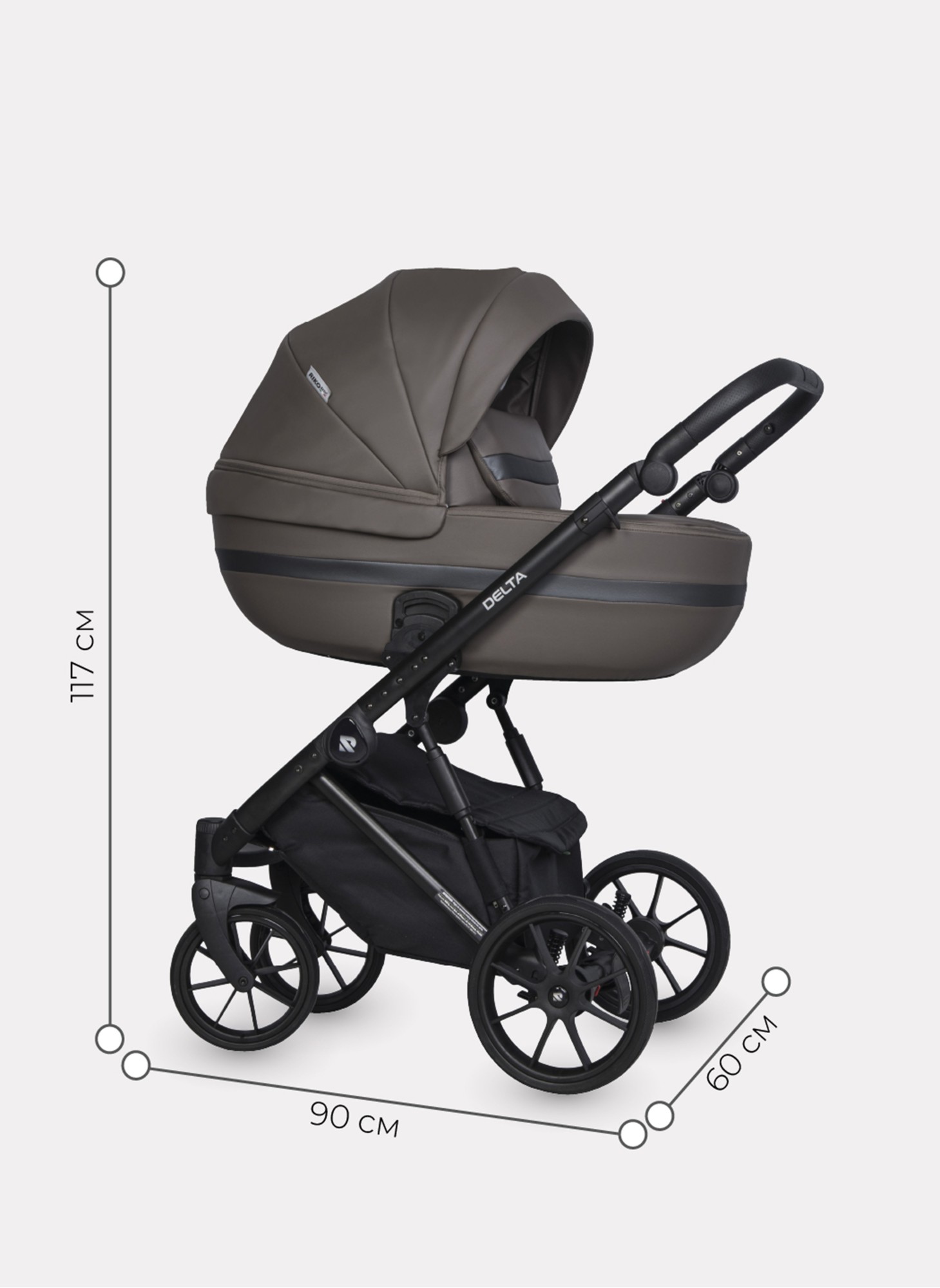 Детская коляска 2 в 1 Riko Basic Delta Ecco из экокожи, с поворотными передними колесами | Реверсивный прогулочный блок | Колеса из вспененной резины | Цвет - коричневый