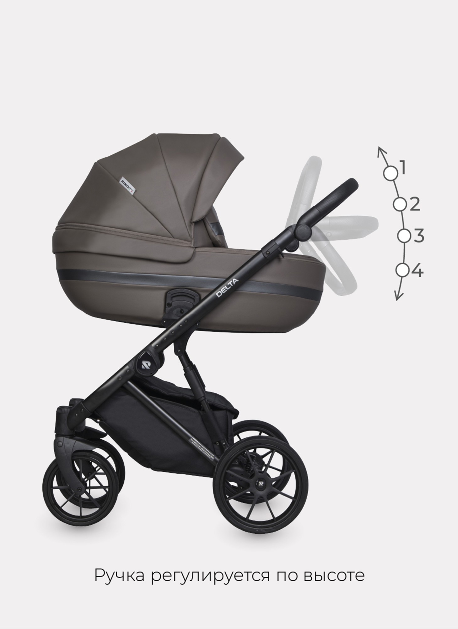 Детская коляска 2 в 1 Riko Basic Delta Ecco из экокожи, с поворотными передними колесами | Реверсивный прогулочный блок | Колеса из вспененной резины | Цвет - коричневый