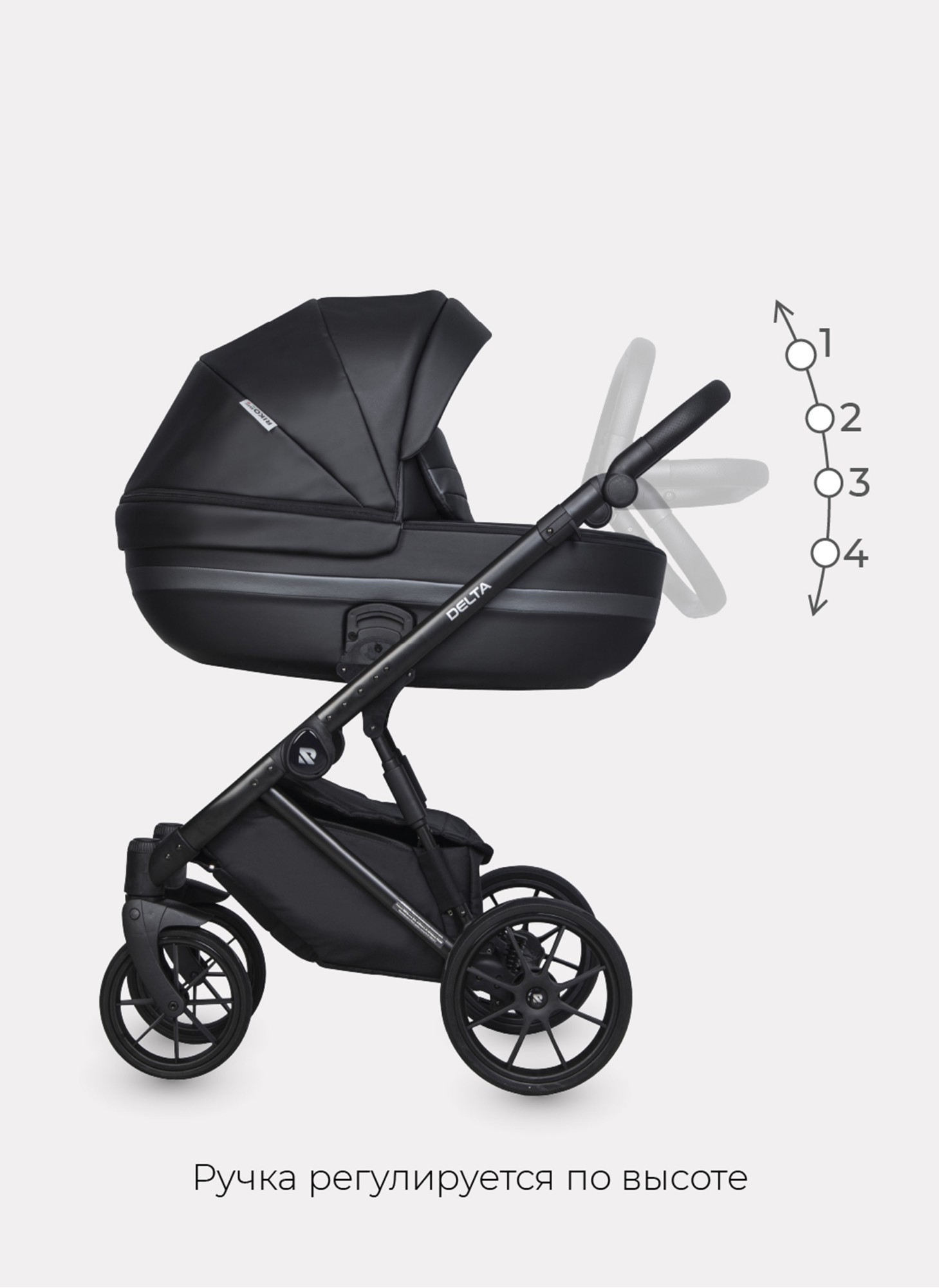 Детская коляска 2 в 1 Riko Basic Delta Ecco из экокожи, с поворотными передними колесами | Реверсивный прогулочный блок | Колеса из вспененной резины | Цвет - черный