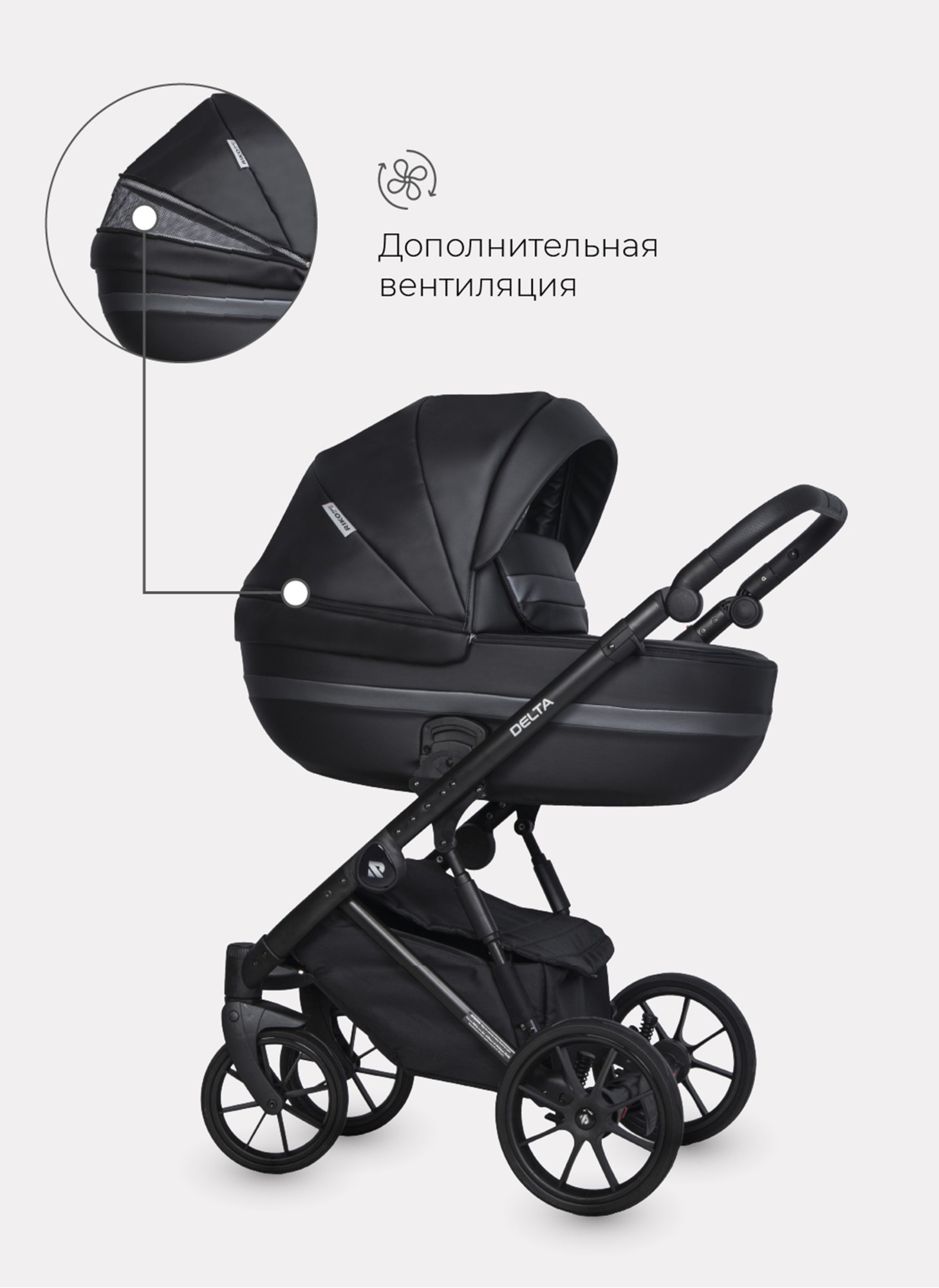 Детская коляска 2 в 1 Riko Basic Delta Ecco из экокожи, с поворотными передними колесами | Реверсивный прогулочный блок | Колеса из вспененной резины | Цвет - черный