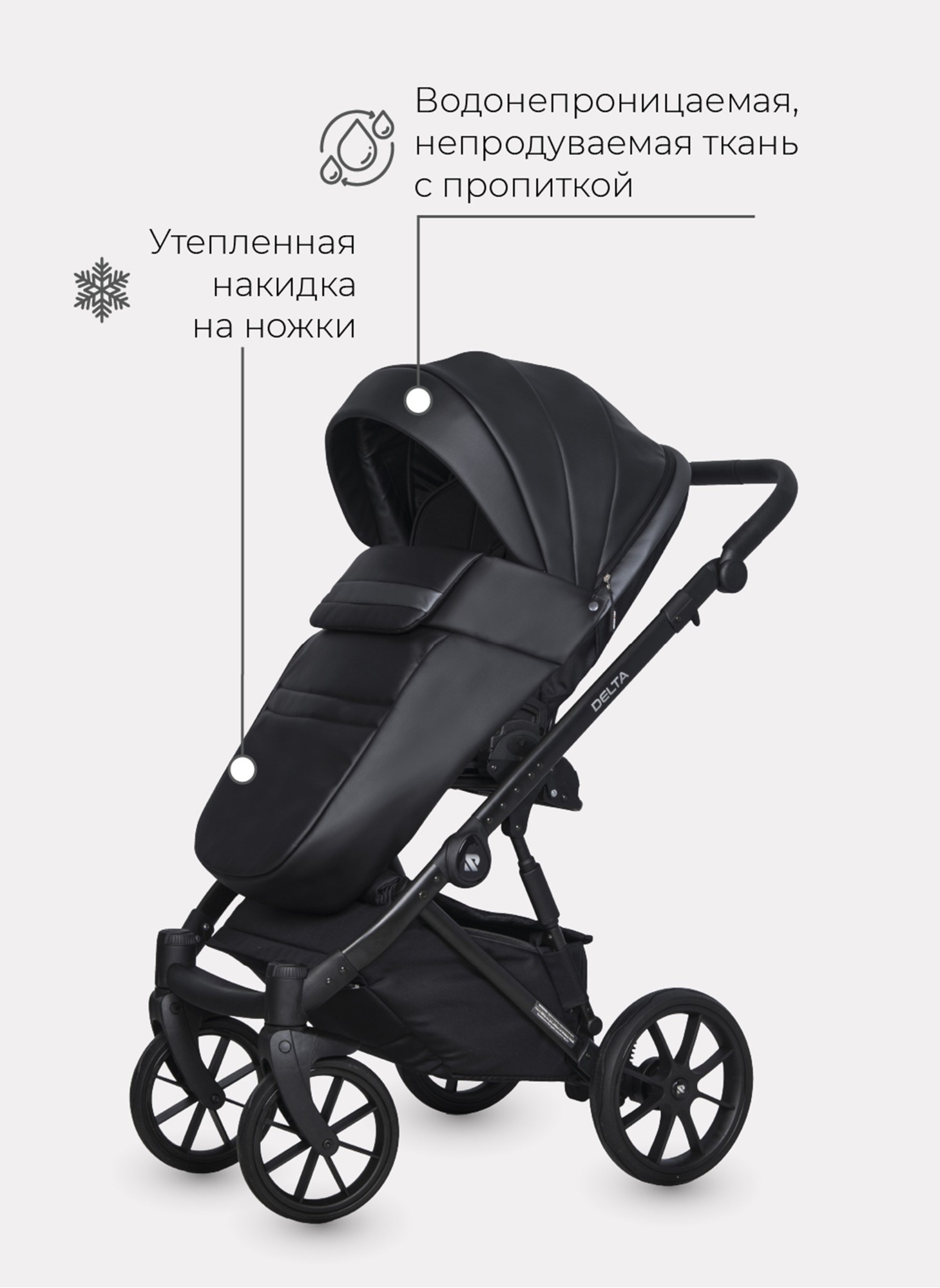 Детская коляска 2 в 1 Riko Basic Delta Ecco из экокожи, с поворотными передними колесами | Реверсивный прогулочный блок | Колеса из вспененной резины | Цвет - черный