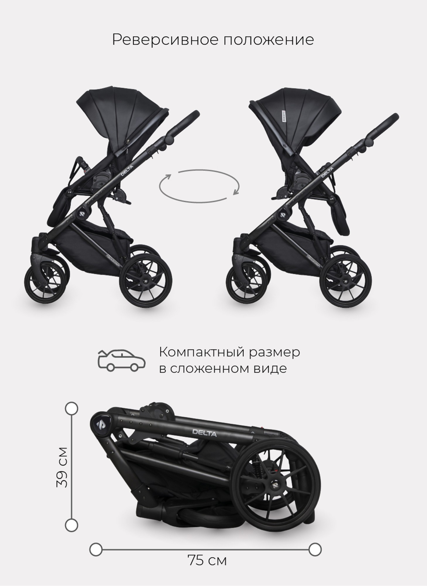 Детская коляска 2 в 1 Riko Basic Delta Ecco из экокожи, с поворотными передними колесами | Реверсивный прогулочный блок | Колеса из вспененной резины | Цвет - черный