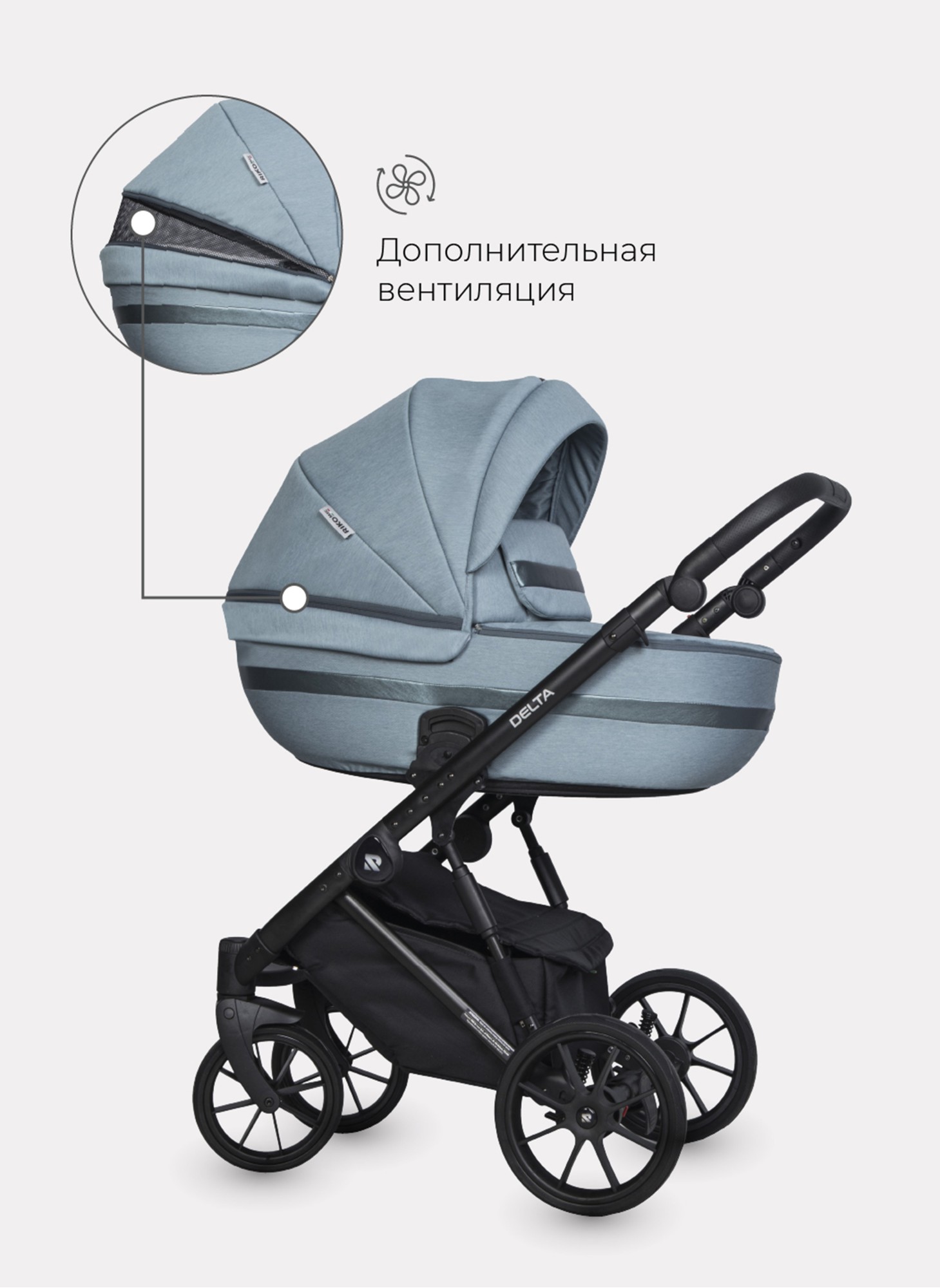 Детская коляска 2 в 1 Riko Basic Delta с поворотными передними колесами | Реверсивный прогулочный блок | Колеса из вспененной резины | Цвет - бирюзовый