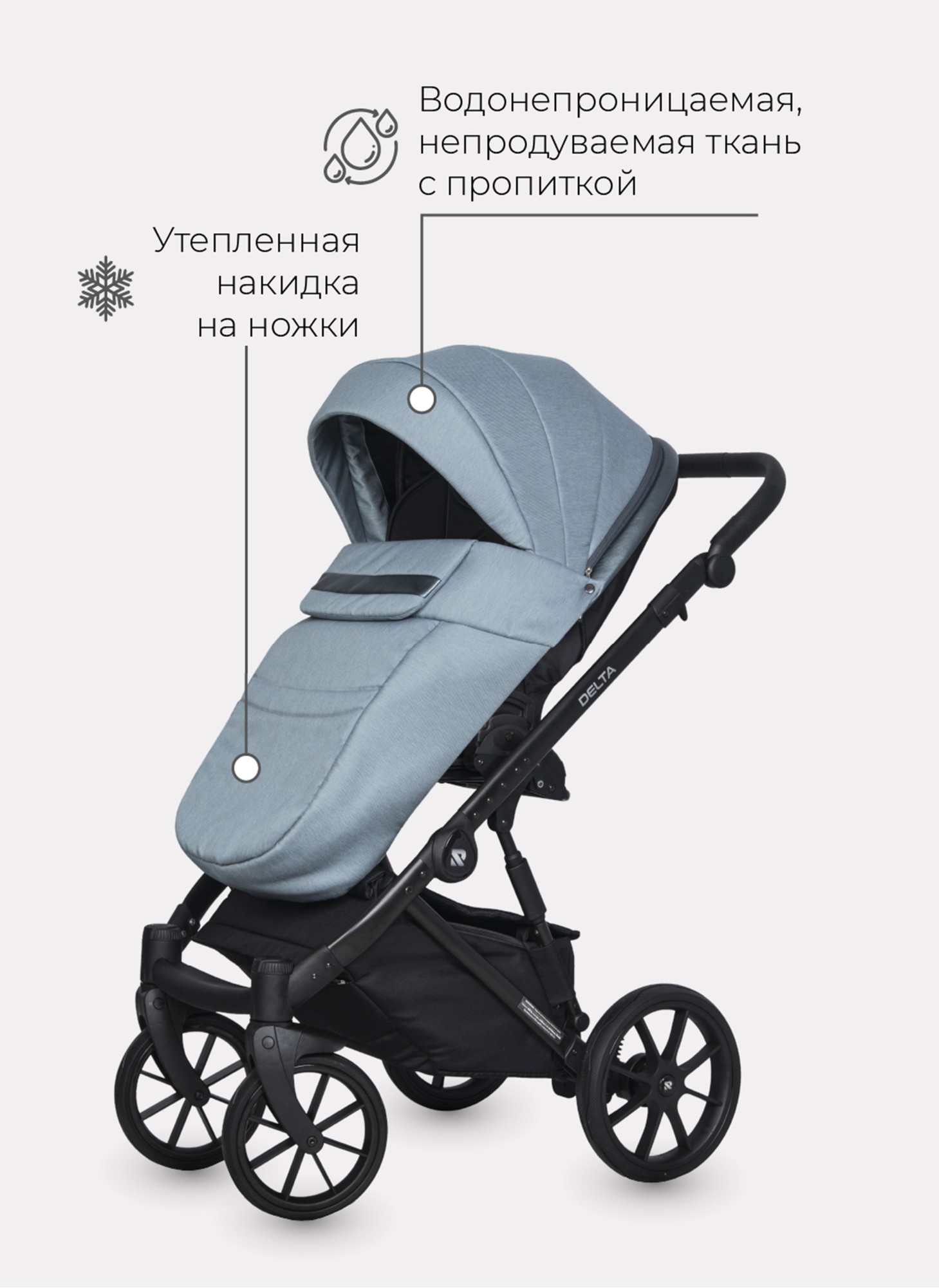Детская коляска 2 в 1 Riko Basic Delta с поворотными передними колесами | Реверсивный прогулочный блок | Колеса из вспененной резины | Цвет - бирюзовый