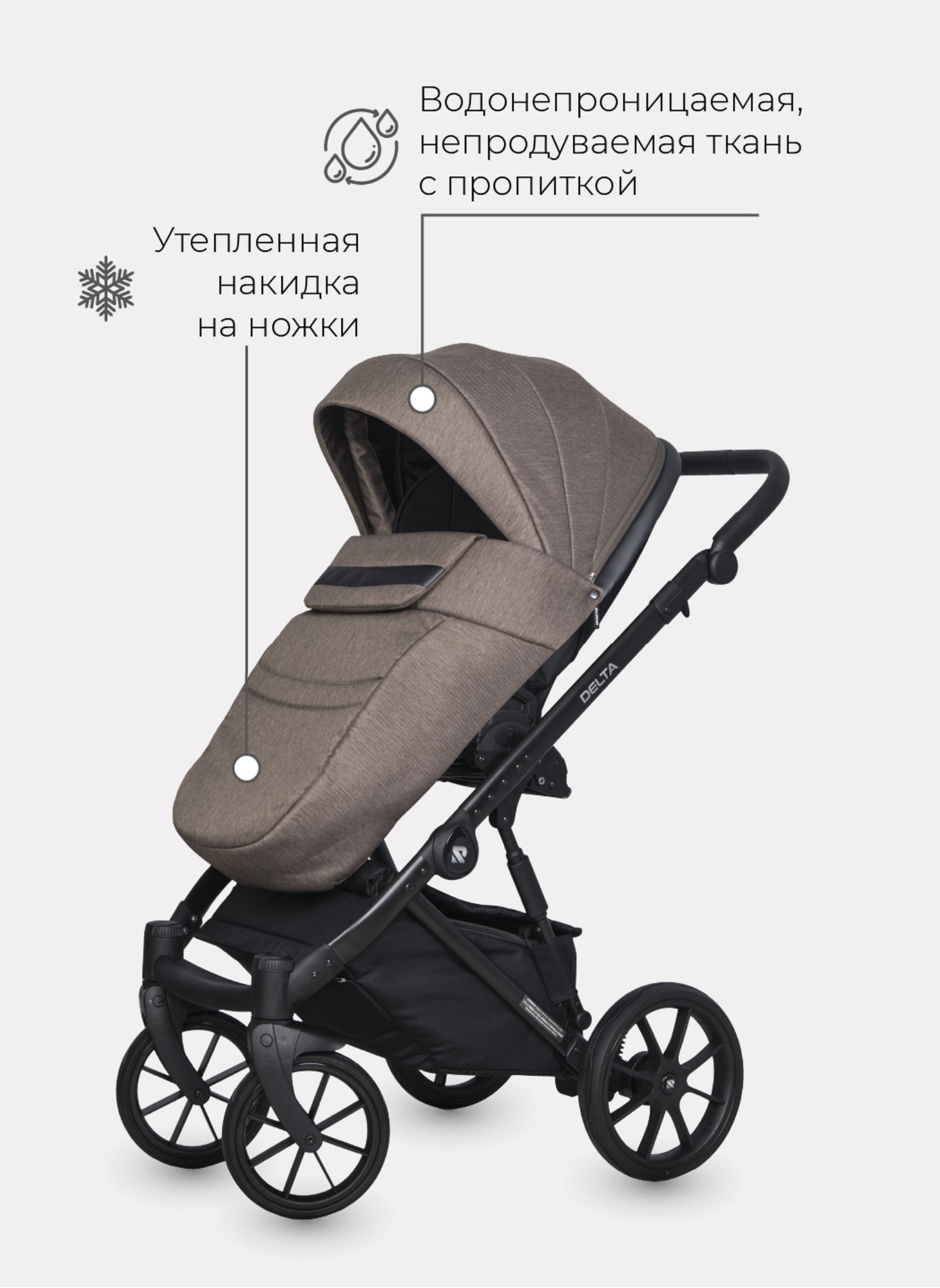 Детская коляска 2 в 1 Riko Basic Delta с поворотными передними колесами | Реверсивный прогулочный блок | Колеса из вспененной резины | Цвет - бежевый