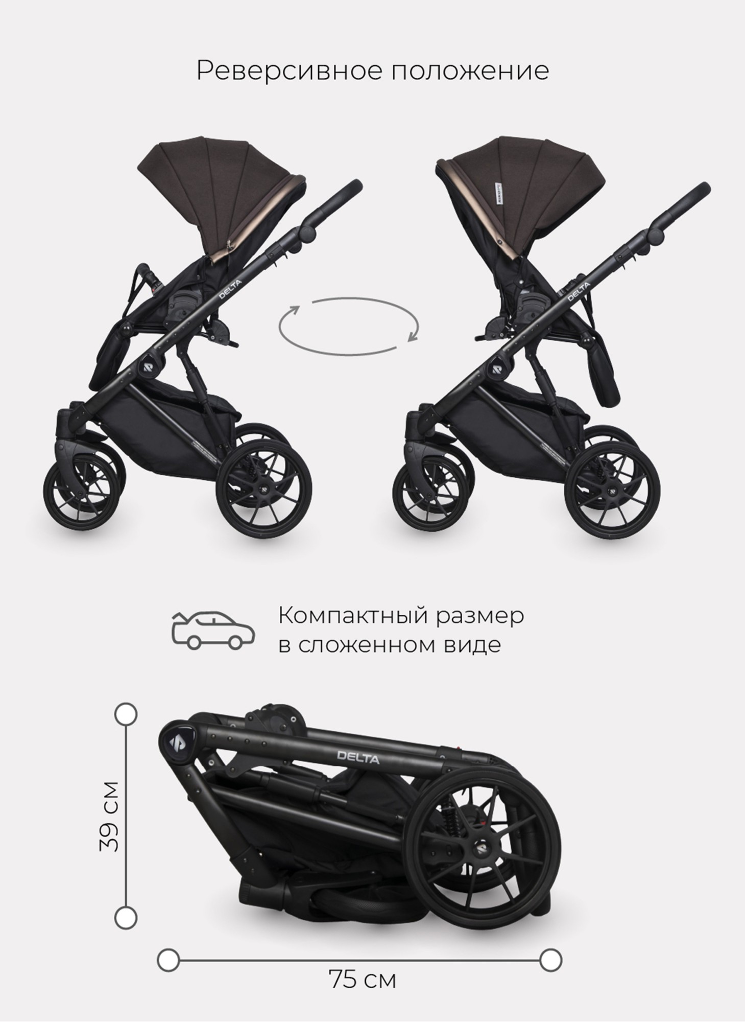 Детская коляска 3 в 1 Riko Basic Delta с поворотными передними колесами | Реверсивный прогулочный блок | Колеса из вспененной резины | Цвет - коричневый