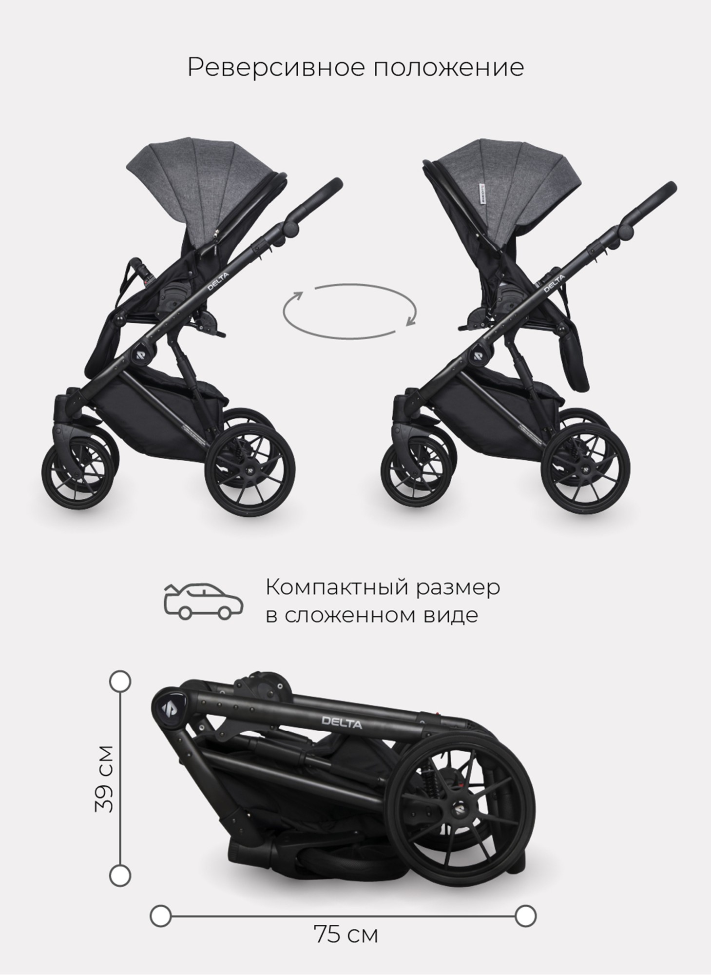 Детская коляска 3 в 1 Riko Basic Delta с поворотными передними колесами | Реверсивный прогулочный блок | Колеса из вспененной резины | Цвет - темно-серый