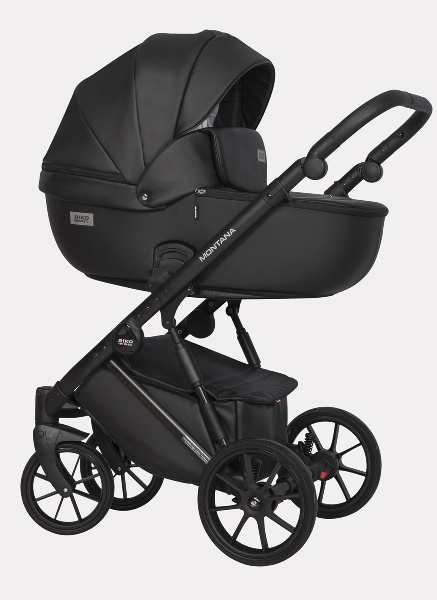 Детская коляска 2 в 1 Riko Basic Montana Ecco из экокожи | Реверсивный прогулочный блок | Регулируемая амортизация | Передние поворачиваемые колеса | Цвет - черный