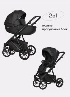 Детская коляска 2 в 1 Riko Basic Montana Ecco из экокожи | Реверсивный прогулочный блок | Регулируемая амортизация | Передние поворачиваемые колеса | Цвет - черный