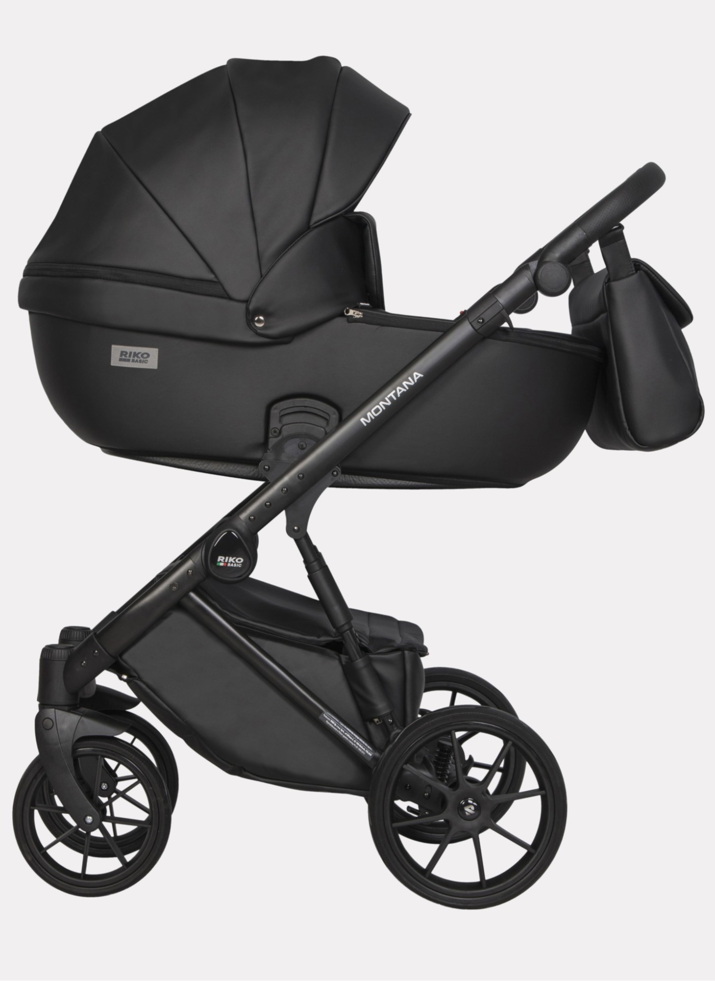 Детская коляска 2 в 1 Riko Basic Montana Ecco из экокожи | Реверсивный прогулочный блок | Регулируемая амортизация | Передние поворачиваемые колеса | Цвет - черный