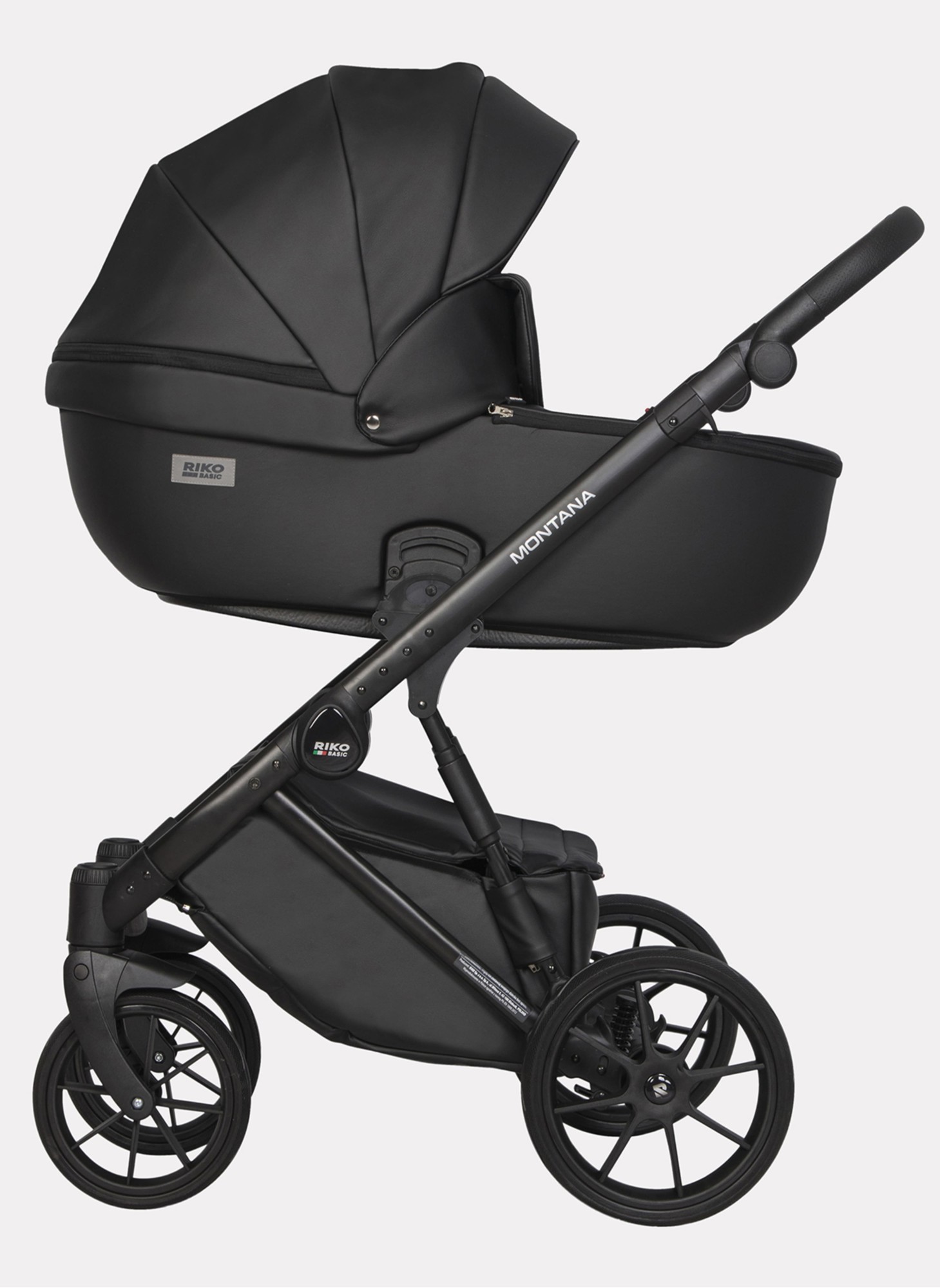 Детская коляска 2 в 1 Riko Basic Montana Ecco из экокожи | Реверсивный прогулочный блок | Регулируемая амортизация | Передние поворачиваемые колеса | Цвет - черный