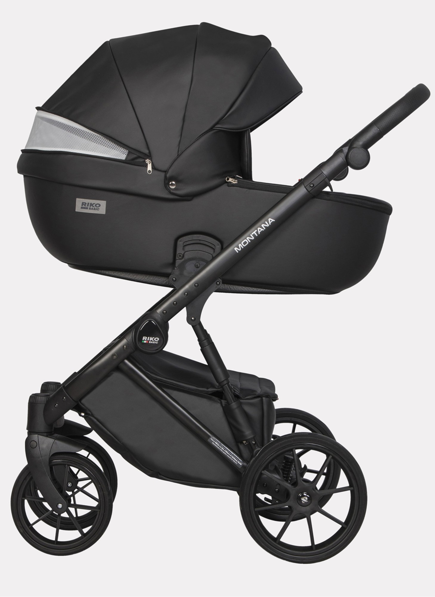 Детская коляска 2 в 1 Riko Basic Montana Ecco из экокожи | Реверсивный прогулочный блок | Регулируемая амортизация | Передние поворачиваемые колеса | Цвет - черный