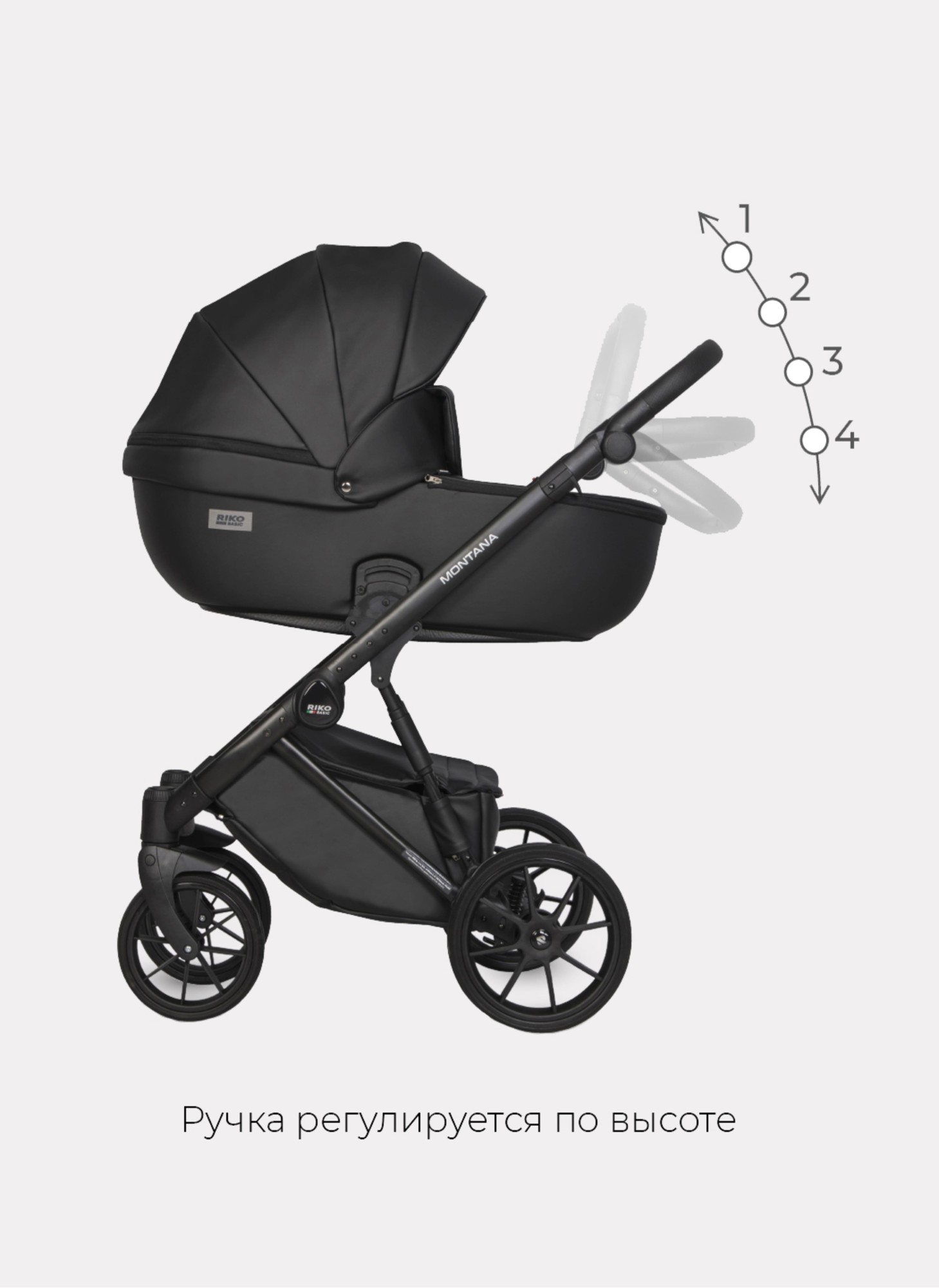 Детская коляска 2 в 1 Riko Basic Montana Ecco из экокожи | Реверсивный прогулочный блок | Регулируемая амортизация | Передние поворачиваемые колеса | Цвет - черный