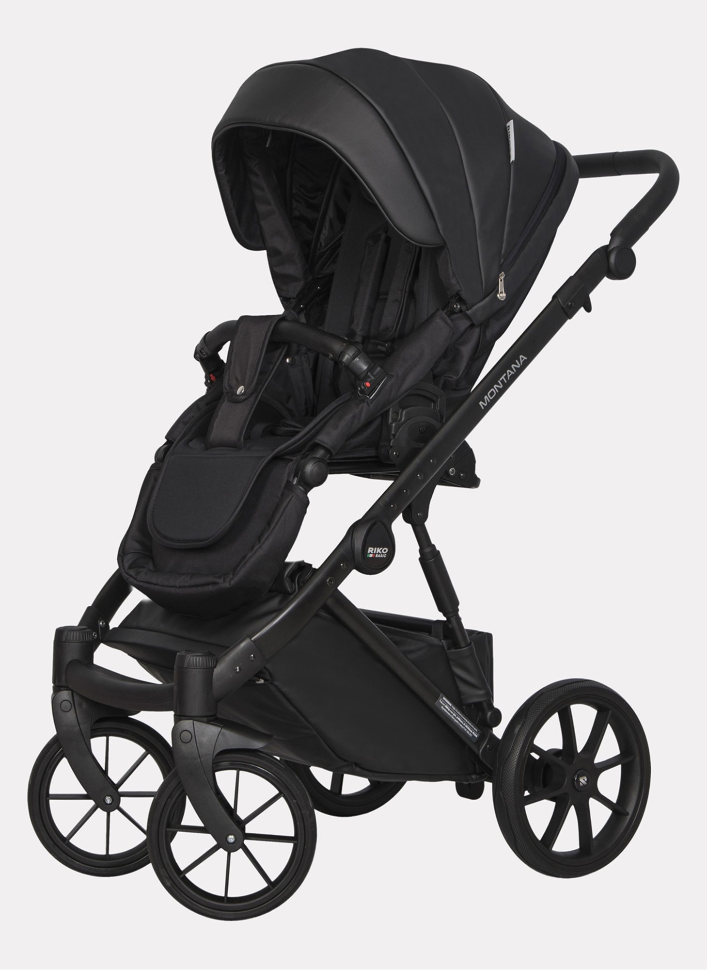 Детская коляска 2 в 1 Riko Basic Montana Ecco из экокожи | Реверсивный прогулочный блок | Регулируемая амортизация | Передние поворачиваемые колеса | Цвет - черный