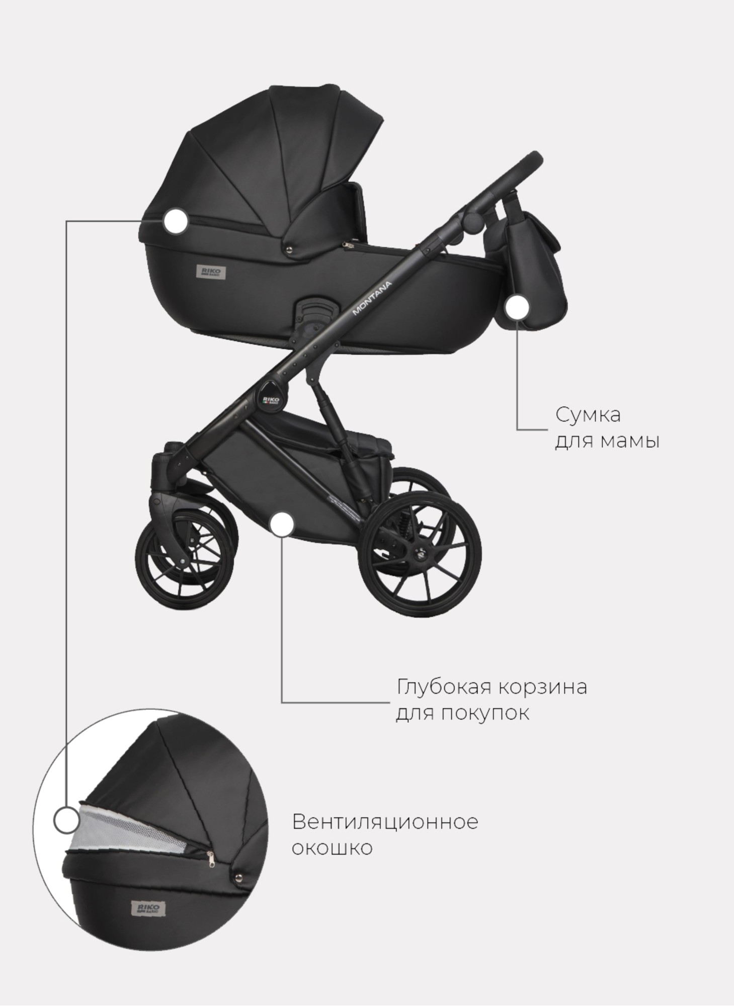 Детская коляска 2 в 1 Riko Basic Montana Ecco из экокожи | Реверсивный прогулочный блок | Регулируемая амортизация | Передние поворачиваемые колеса | Цвет - черный