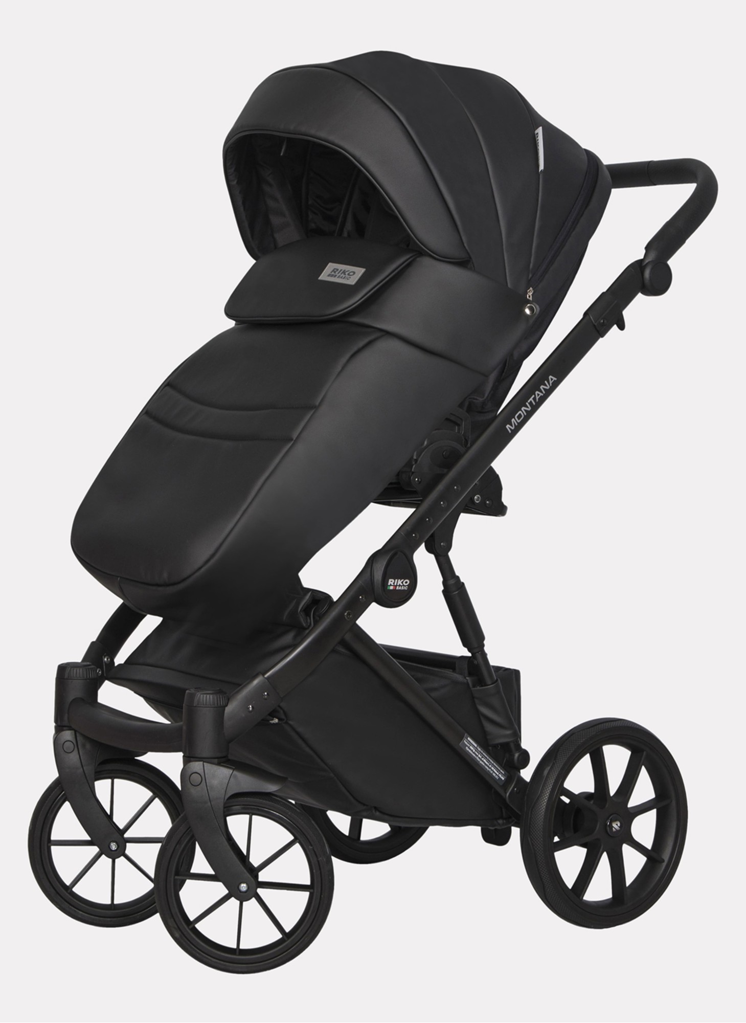 Детская коляска 2 в 1 Riko Basic Montana Ecco из экокожи | Реверсивный прогулочный блок | Регулируемая амортизация | Передние поворачиваемые колеса | Цвет - черный
