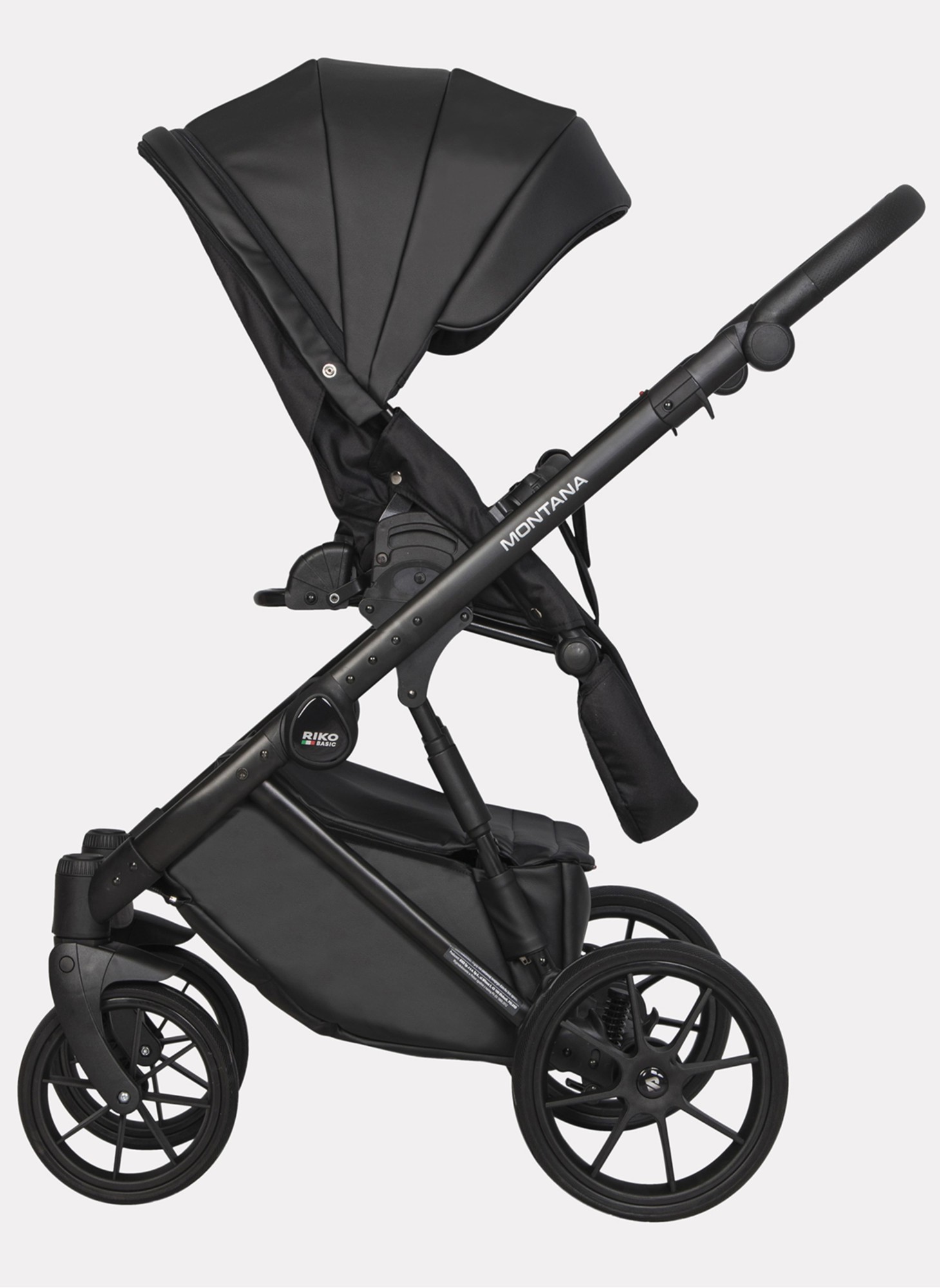 Детская коляска 2 в 1 Riko Basic Montana Ecco из экокожи | Реверсивный прогулочный блок | Регулируемая амортизация | Передние поворачиваемые колеса | Цвет - черный