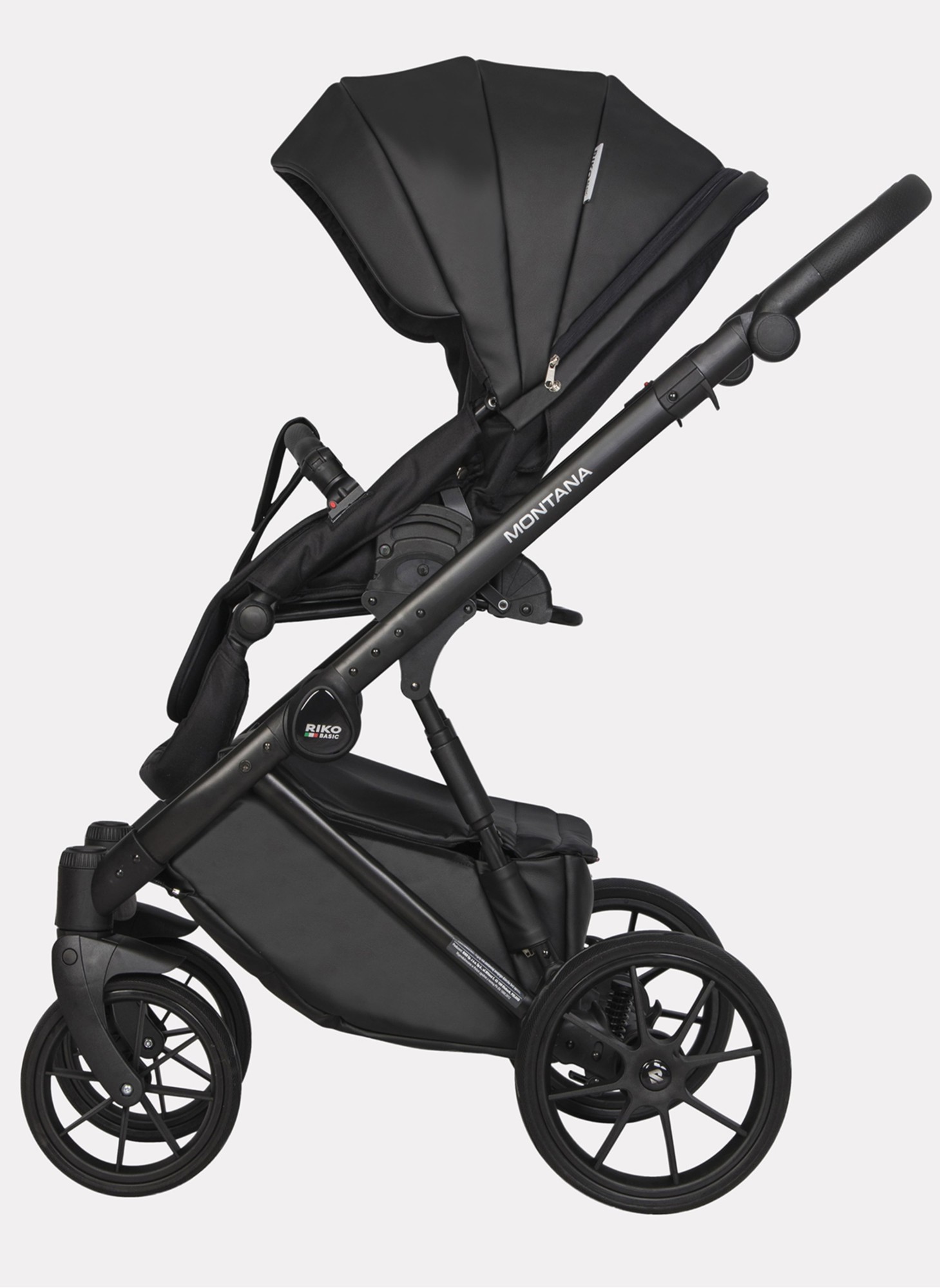 Детская коляска 2 в 1 Riko Basic Montana Ecco из экокожи | Реверсивный прогулочный блок | Регулируемая амортизация | Передние поворачиваемые колеса | Цвет - черный