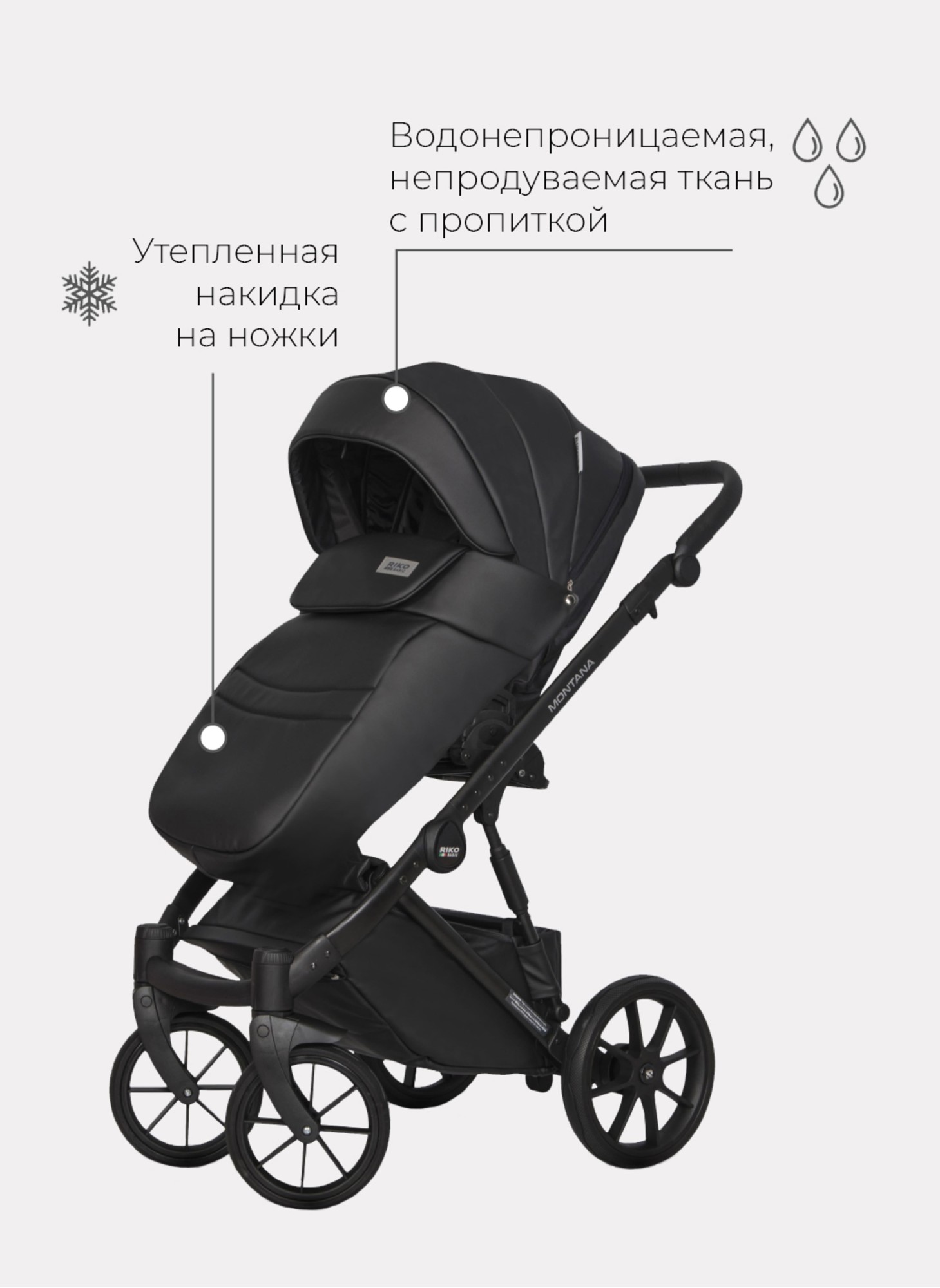 Детская коляска 2 в 1 Riko Basic Montana Ecco из экокожи | Реверсивный прогулочный блок | Регулируемая амортизация | Передние поворачиваемые колеса | Цвет - черный