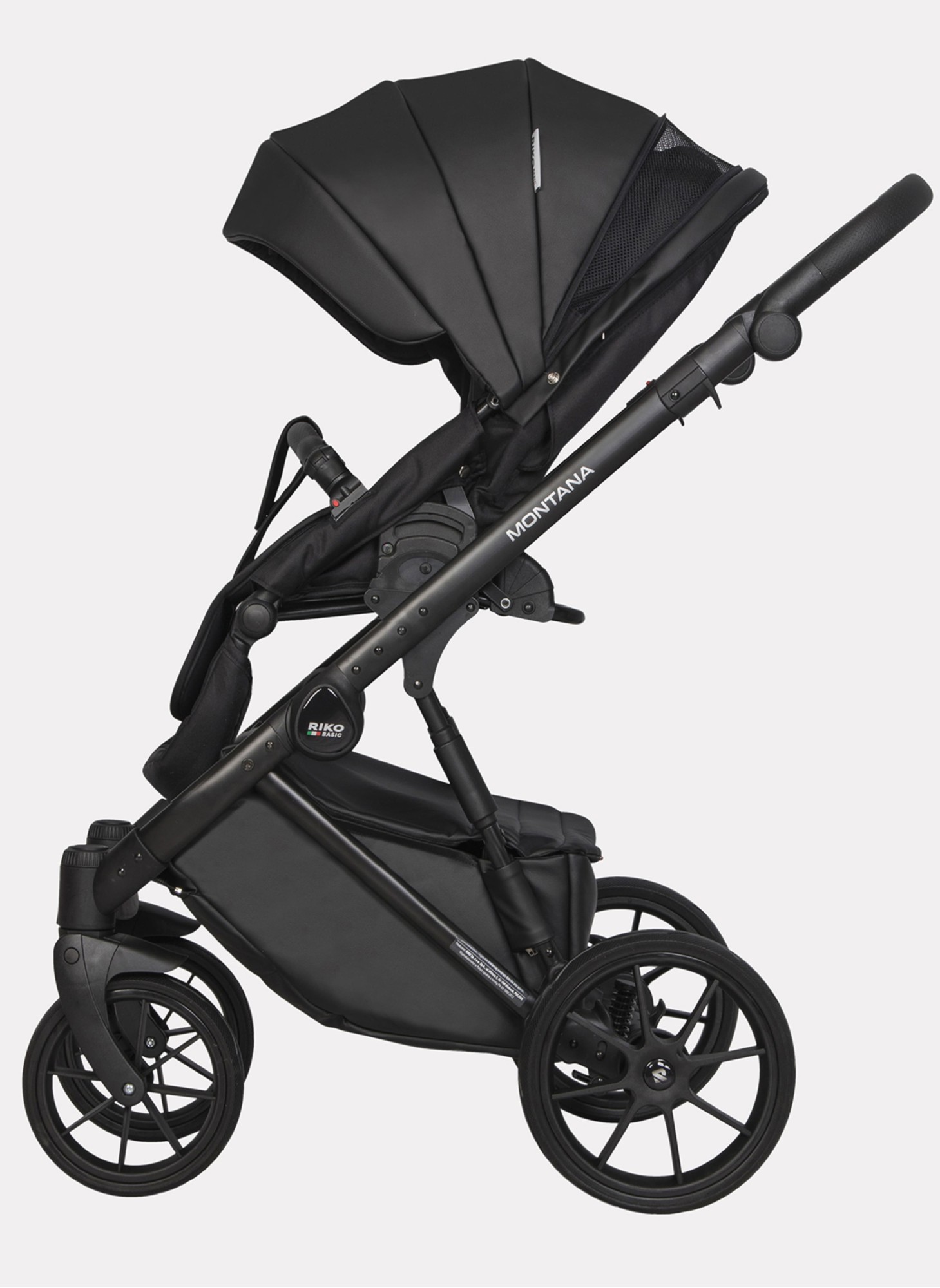 Детская коляска 2 в 1 Riko Basic Montana Ecco из экокожи | Реверсивный прогулочный блок | Регулируемая амортизация | Передние поворачиваемые колеса | Цвет - черный