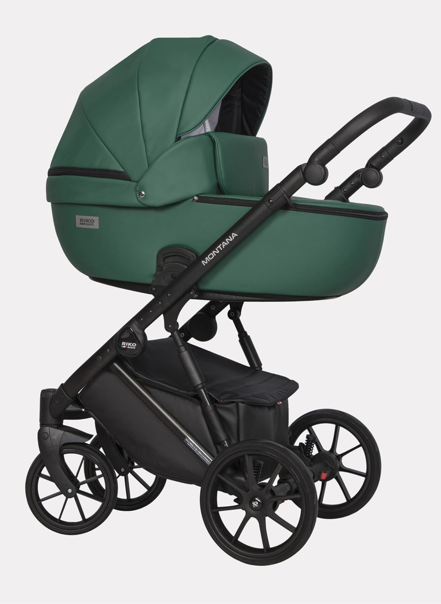 Детская коляска 2 в 1 Riko Basic Montana Ecco из экокожи | Реверсивный прогулочный блок | Регулируемая амортизация | Передние поворачиваемые колеса | Цвет - зеленый