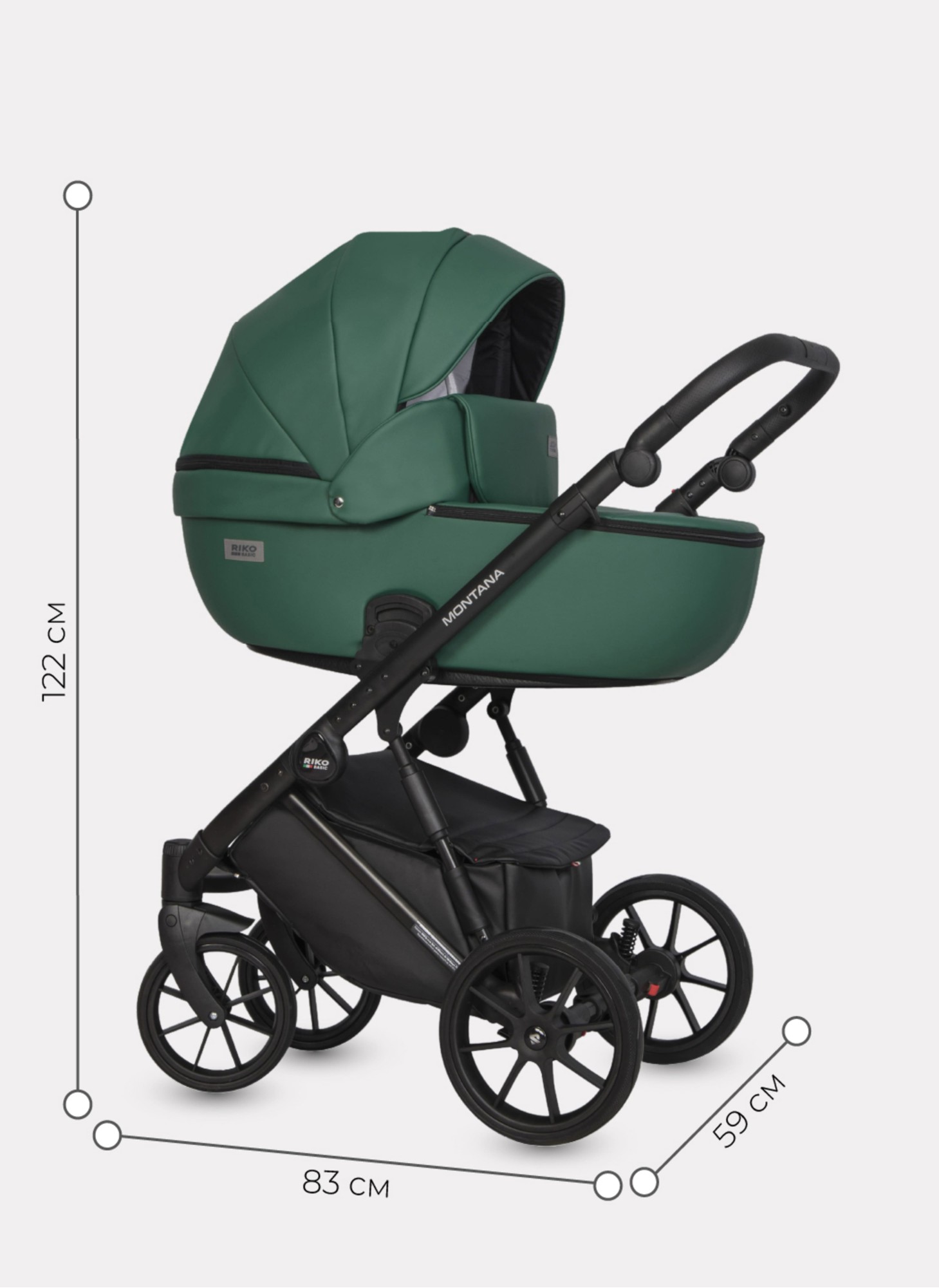 Детская коляска 2 в 1 Riko Basic Montana Ecco из экокожи | Реверсивный прогулочный блок | Регулируемая амортизация | Передние поворачиваемые колеса | Цвет - зеленый