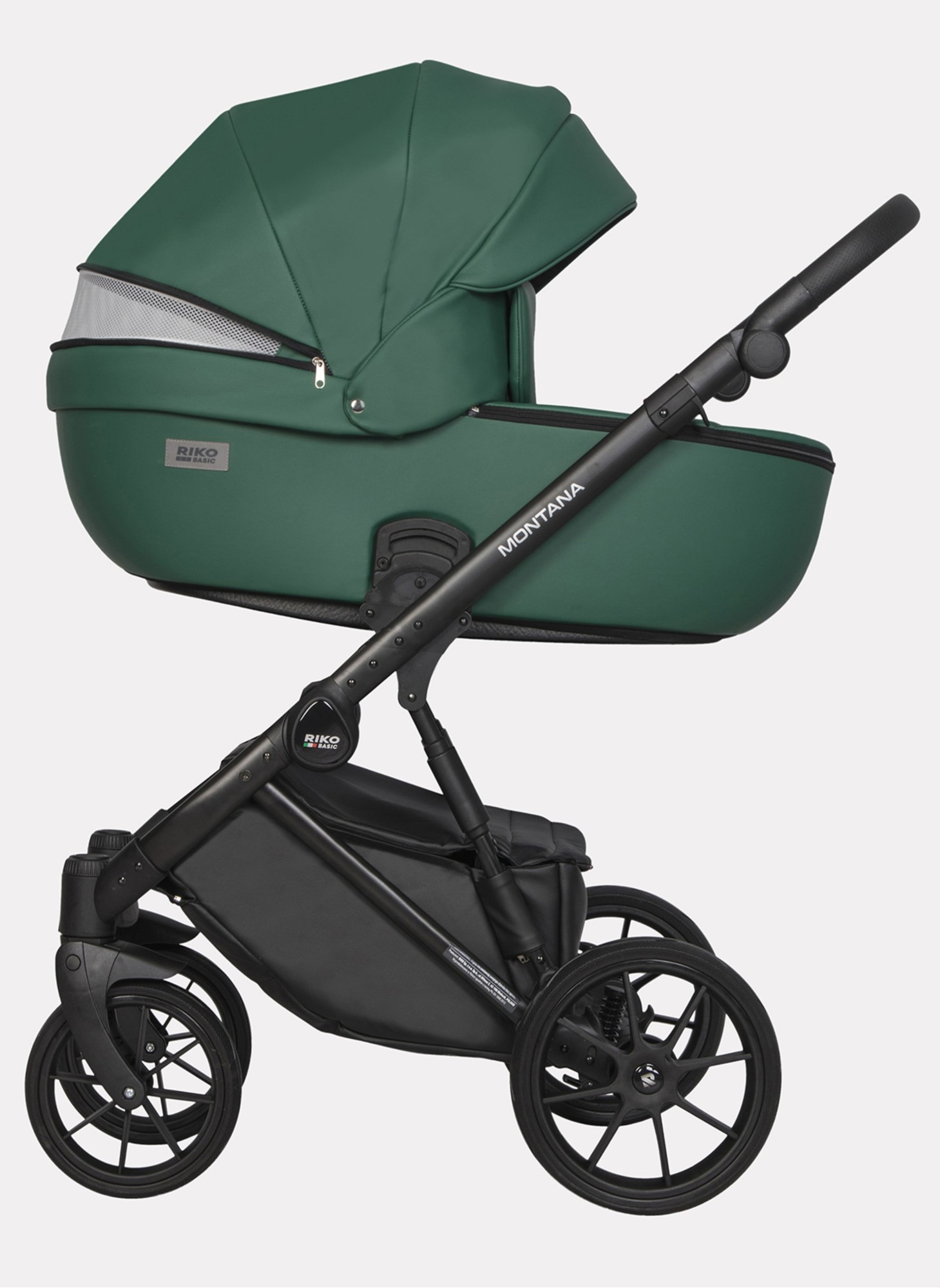 Детская коляска 2 в 1 Riko Basic Montana Ecco из экокожи | Реверсивный прогулочный блок | Регулируемая амортизация | Передние поворачиваемые колеса | Цвет - зеленый