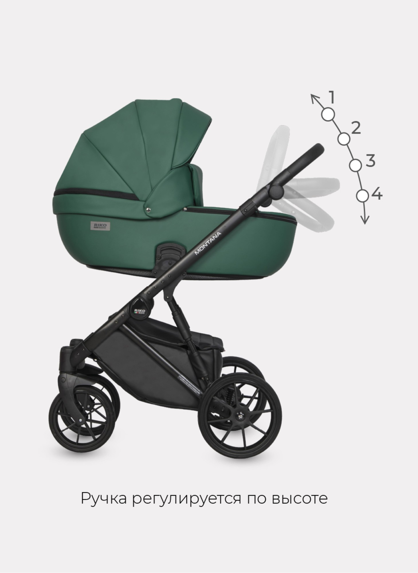 Детская коляска 2 в 1 Riko Basic Montana Ecco из экокожи | Реверсивный прогулочный блок | Регулируемая амортизация | Передние поворачиваемые колеса | Цвет - зеленый