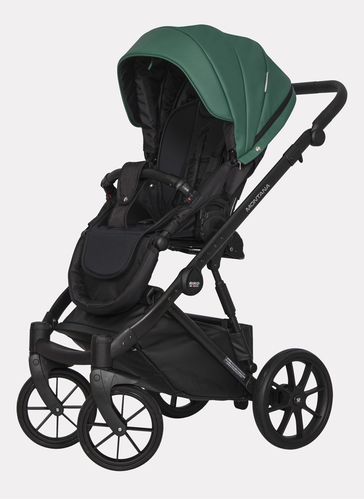 Детская коляска 2 в 1 Riko Basic Montana Ecco из экокожи | Реверсивный прогулочный блок | Регулируемая амортизация | Передние поворачиваемые колеса | Цвет - зеленый