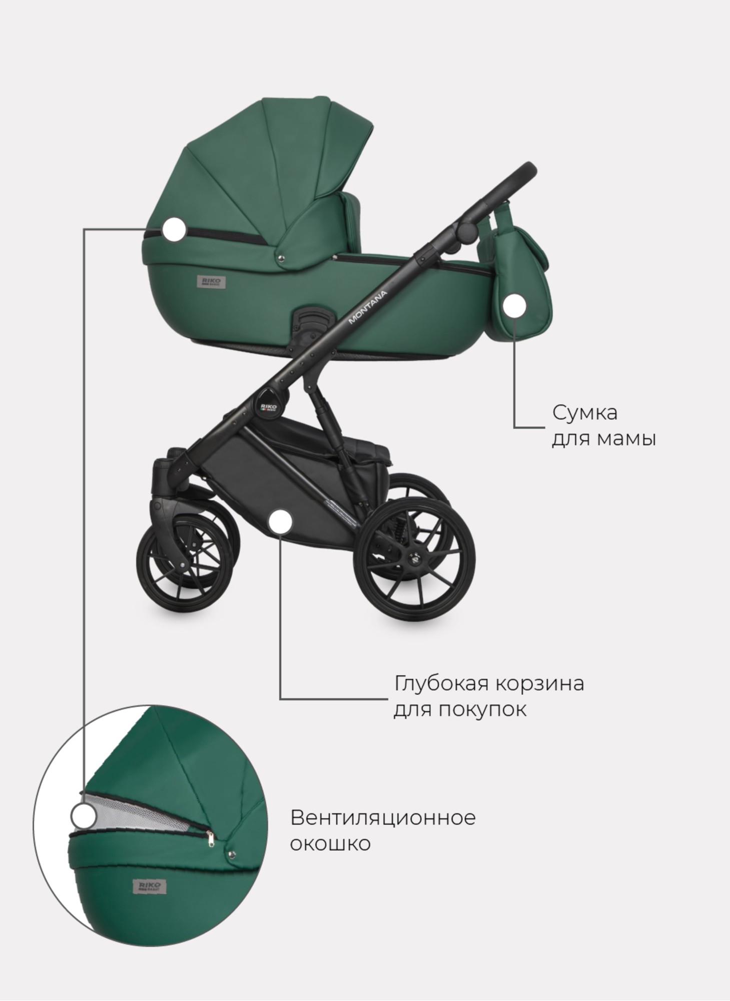 Детская коляска 2 в 1 Riko Basic Montana Ecco из экокожи | Реверсивный прогулочный блок | Регулируемая амортизация | Передние поворачиваемые колеса | Цвет - зеленый