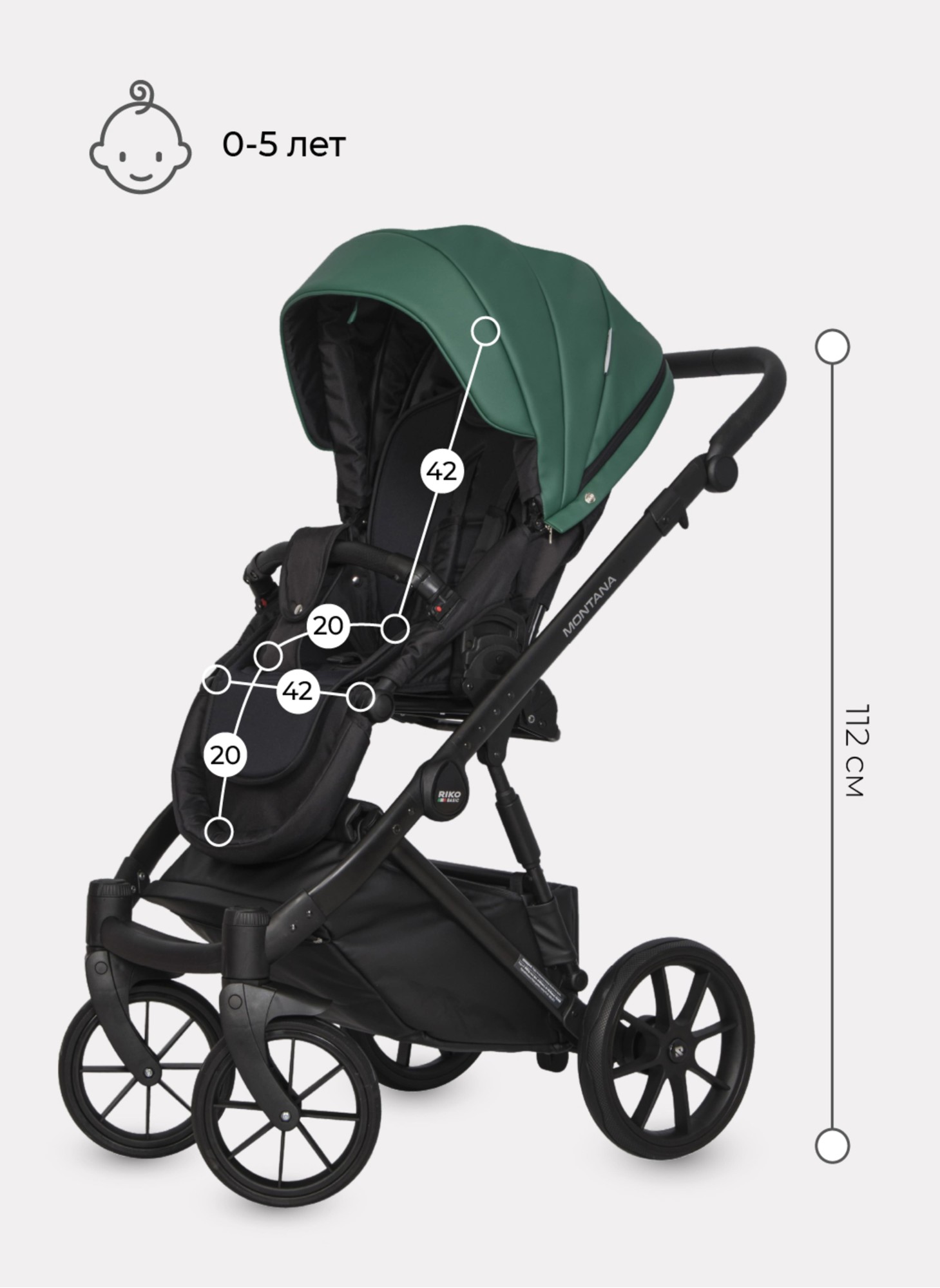 Детская коляска 2 в 1 Riko Basic Montana Ecco из экокожи | Реверсивный прогулочный блок | Регулируемая амортизация | Передние поворачиваемые колеса | Цвет - зеленый