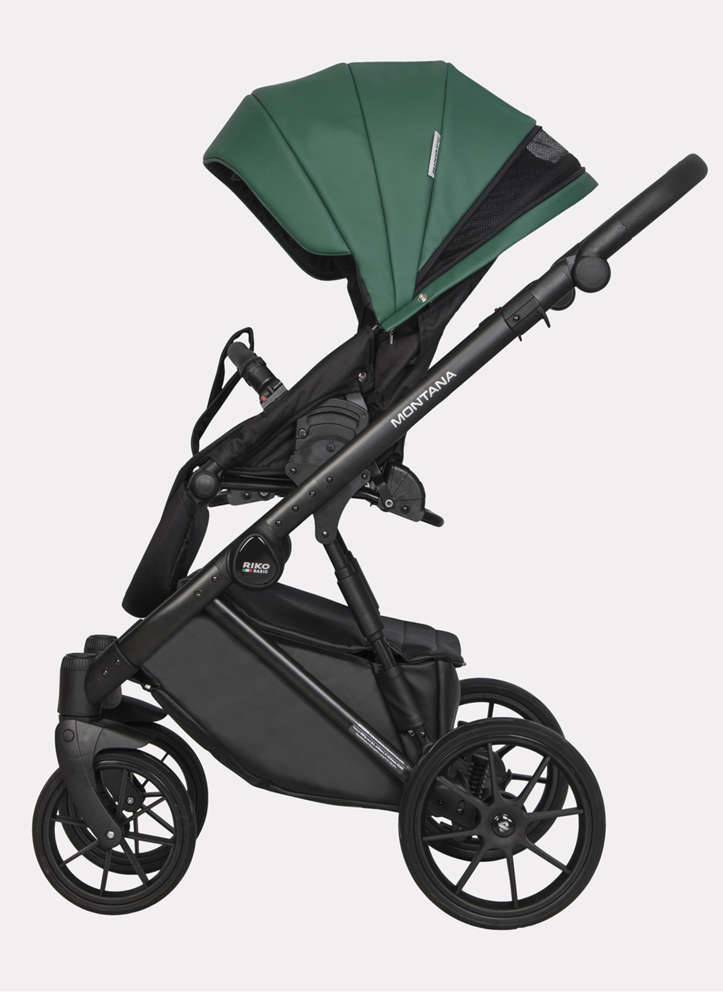 Детская коляска 2 в 1 Riko Basic Montana Ecco из экокожи | Реверсивный прогулочный блок | Регулируемая амортизация | Передние поворачиваемые колеса | Цвет - зеленый
