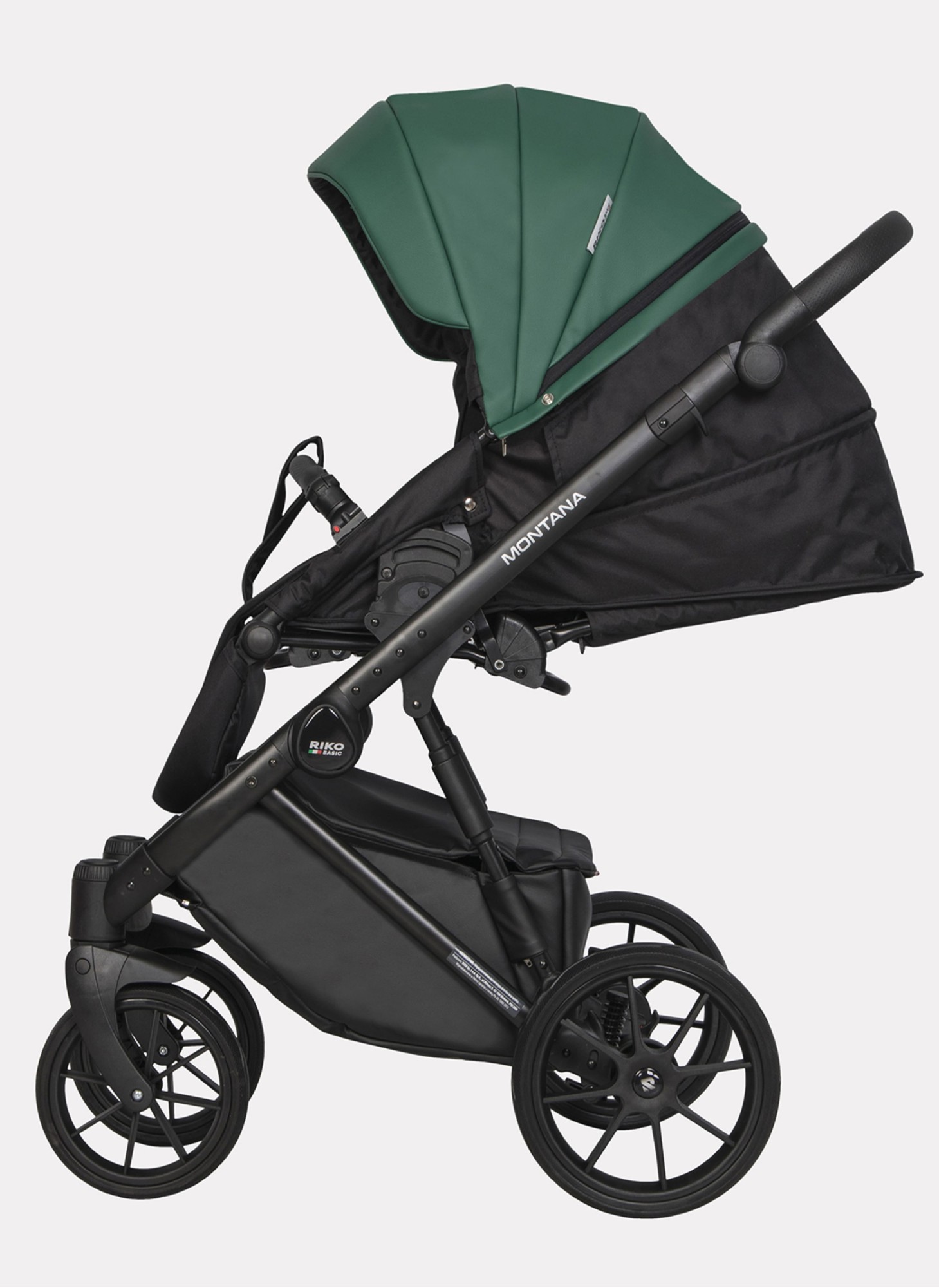 Детская коляска 2 в 1 Riko Basic Montana Ecco из экокожи | Реверсивный прогулочный блок | Регулируемая амортизация | Передние поворачиваемые колеса | Цвет - зеленый