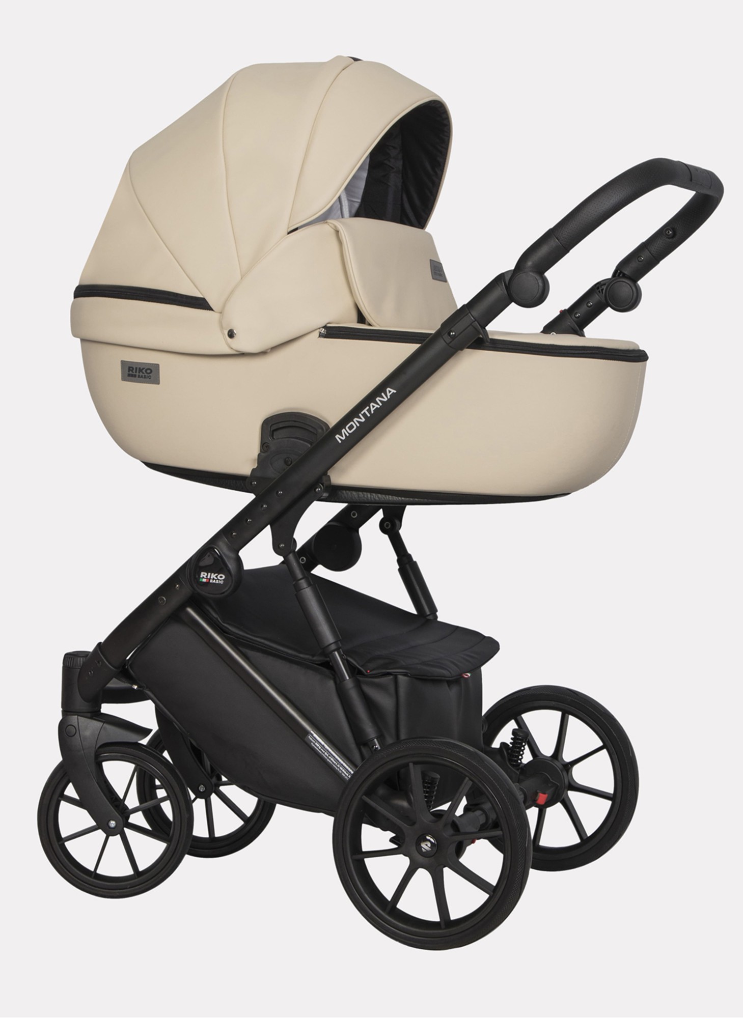 Детская коляска 2 в 1 Riko Basic Montana Ecco из экокожи | Реверсивный прогулочный блок | Регулируемая амортизация | Передние поворачиваемые колеса | Цвет - кремовый